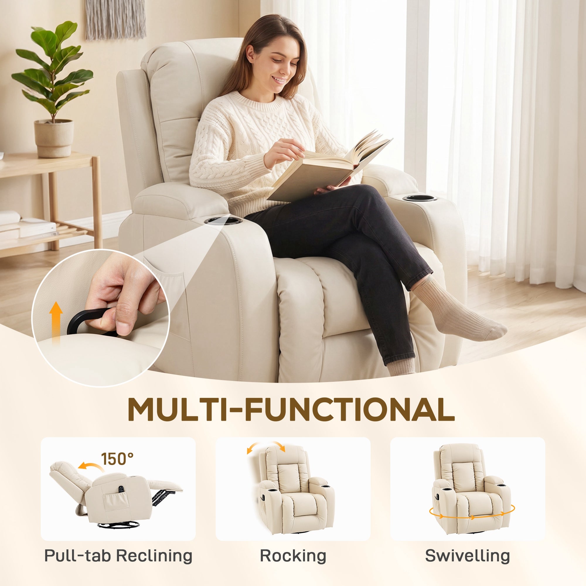 Recliner Armchair with Massage & Heat, PU Leather Recliner Chair with Extended Footrest, Cup Holders and Side Pockets, Swivel Rocking Manual Reclining Chair for Living Room, Cream
