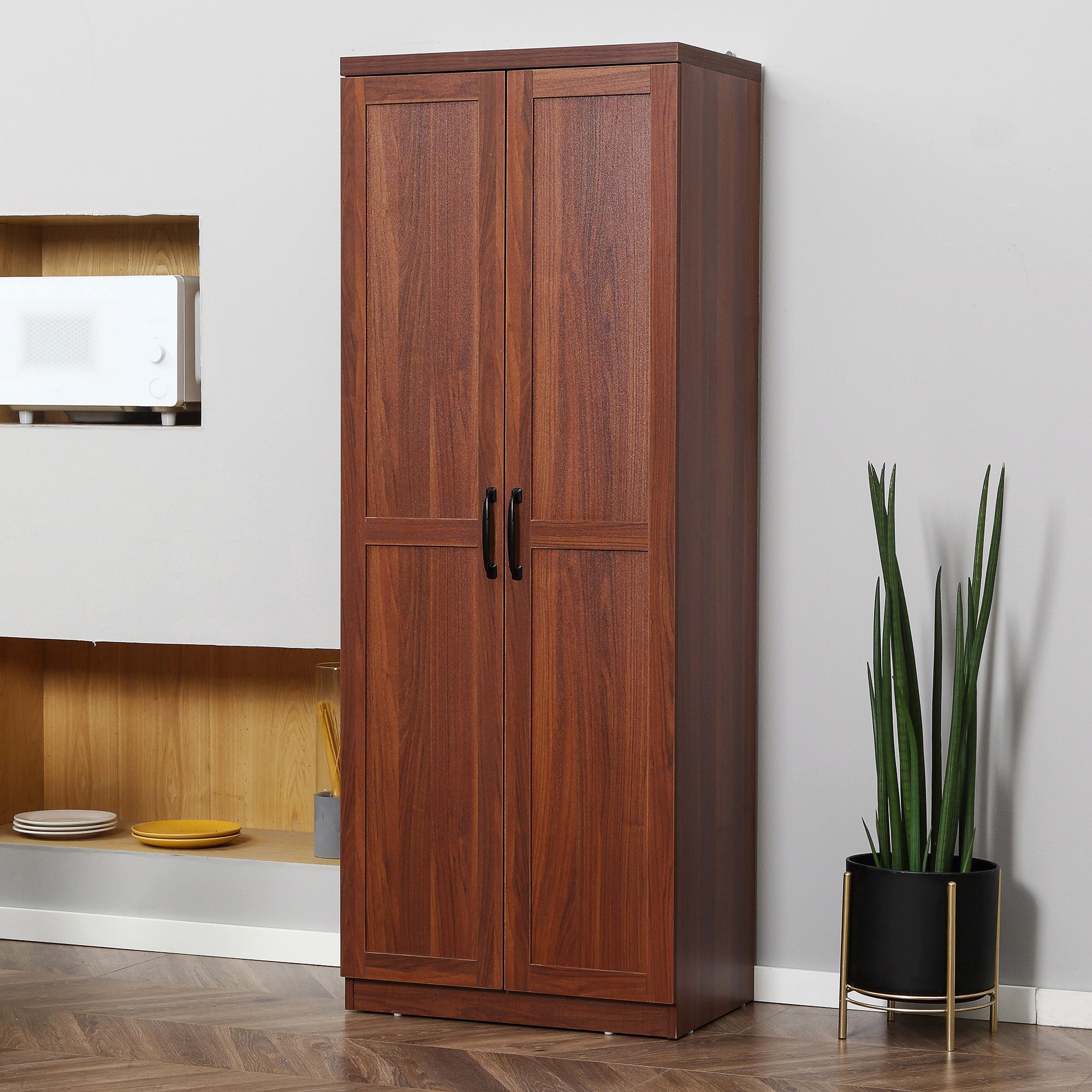 63" 2-Door Kitchen Pantry with 5-tier Shelving and 2 Adjustable Shelves, Brown