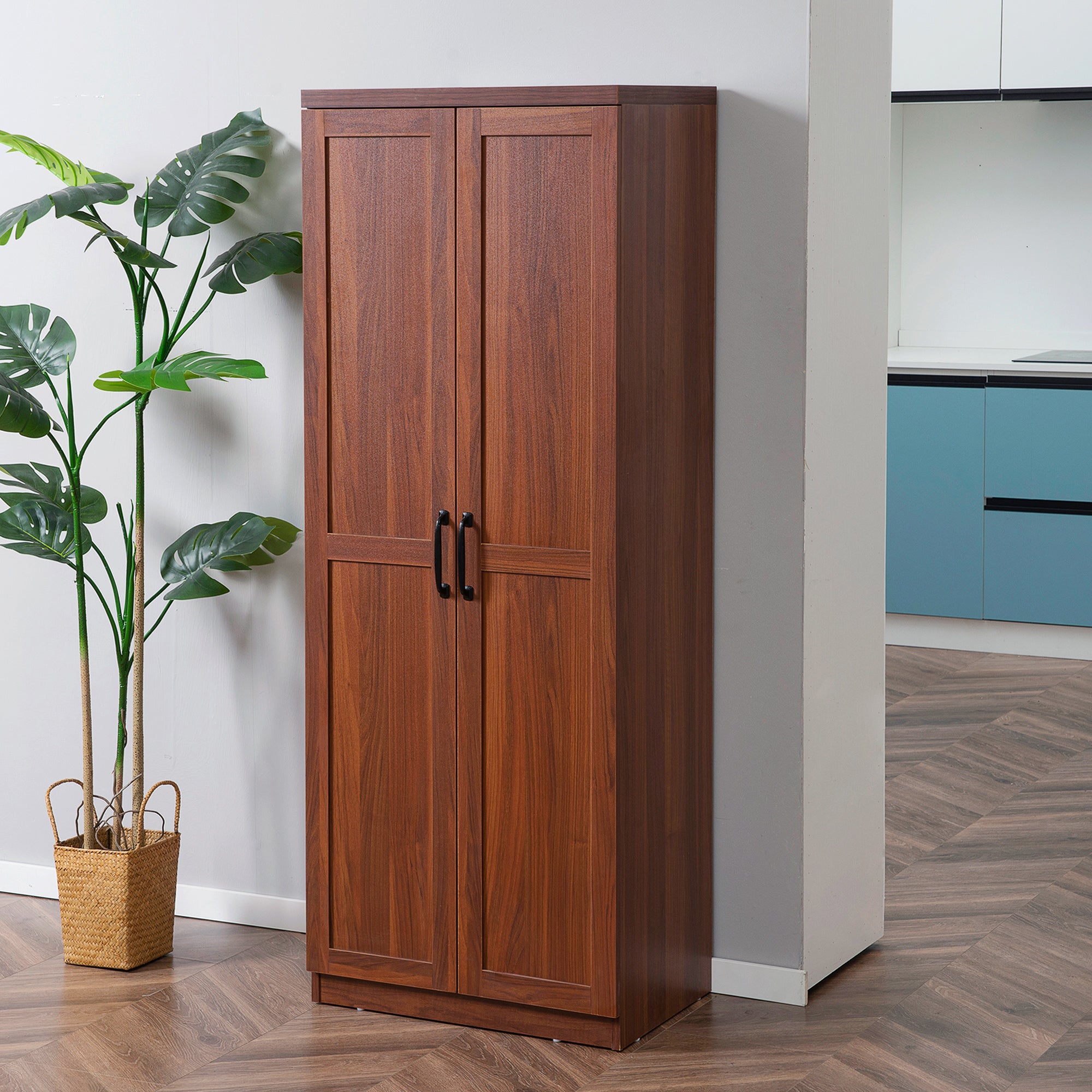 63" 2-Door Kitchen Pantry with 5-tier Shelving and 2 Adjustable Shelves, Brown