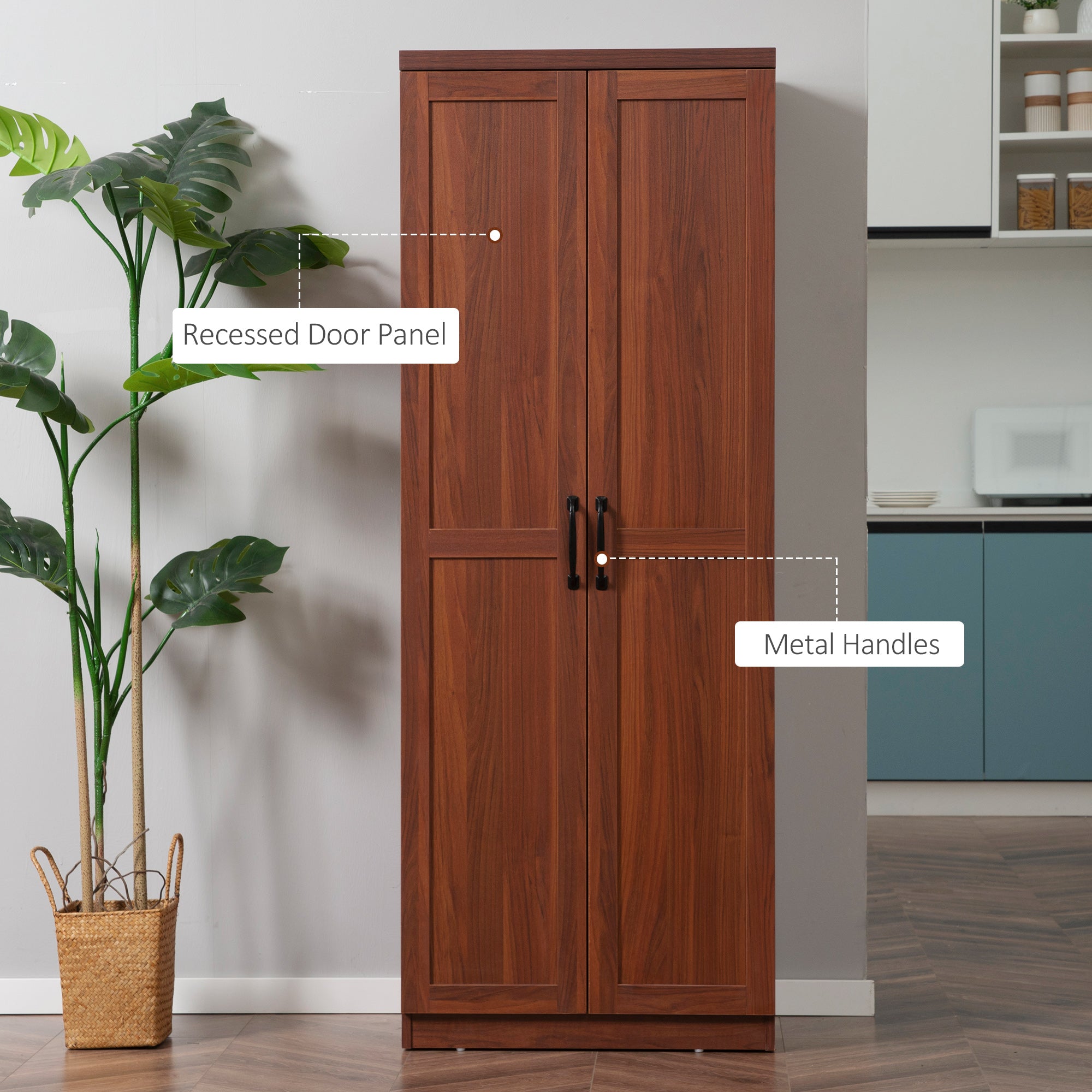 63" 2-Door Kitchen Pantry with 5-tier Shelving and 2 Adjustable Shelves, Brown