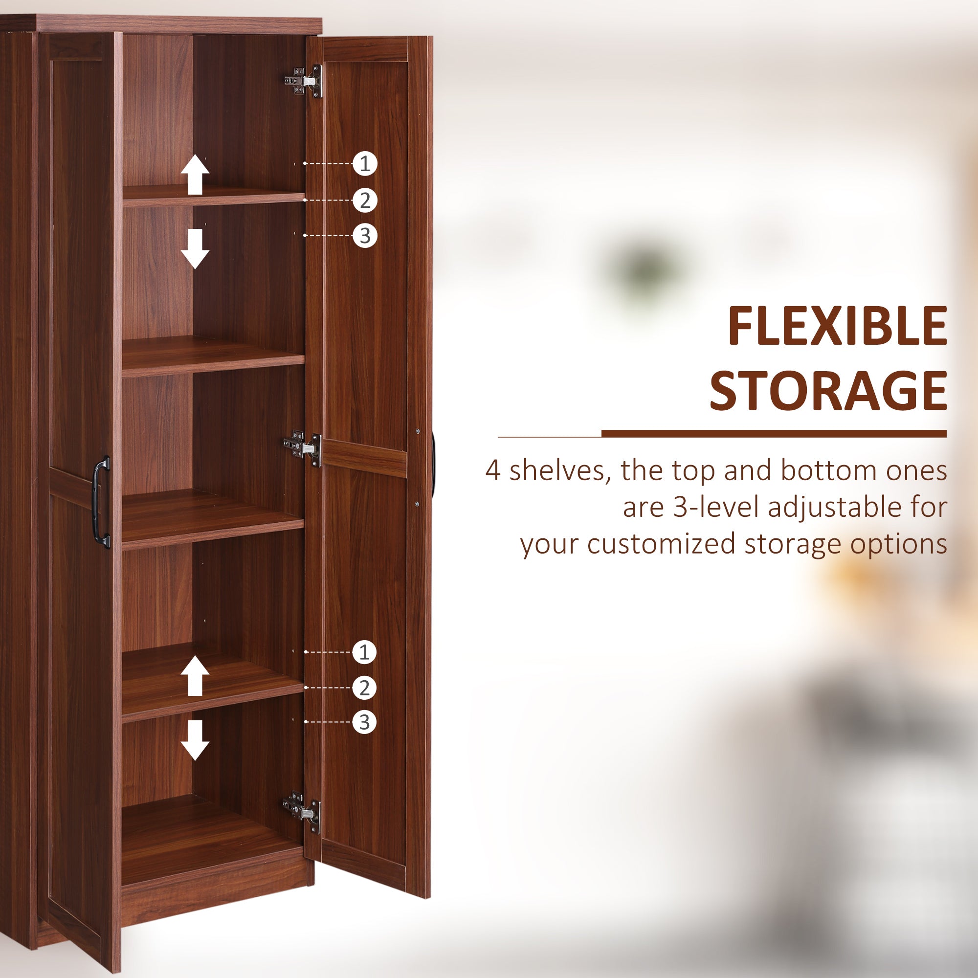 63" 2-Door Kitchen Pantry with 5-tier Shelving and 2 Adjustable Shelves, Brown