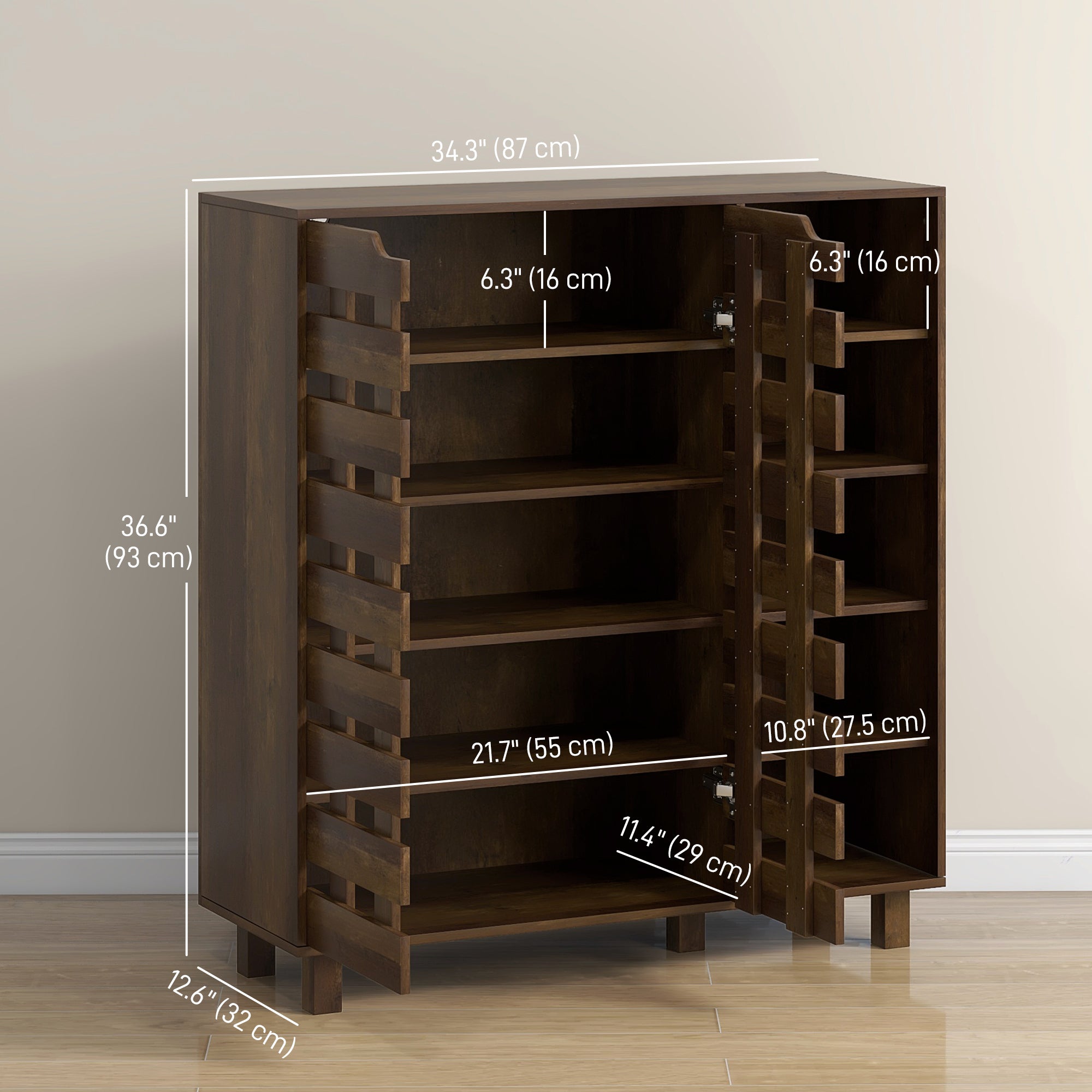 HOMCOM Modern Shoe Cabinet with 5-tier Double Door Cabinet and 5-tier Open Shelves, 21 Pair Shoe Storage Cabinet for Entryway, Hallway, Brown