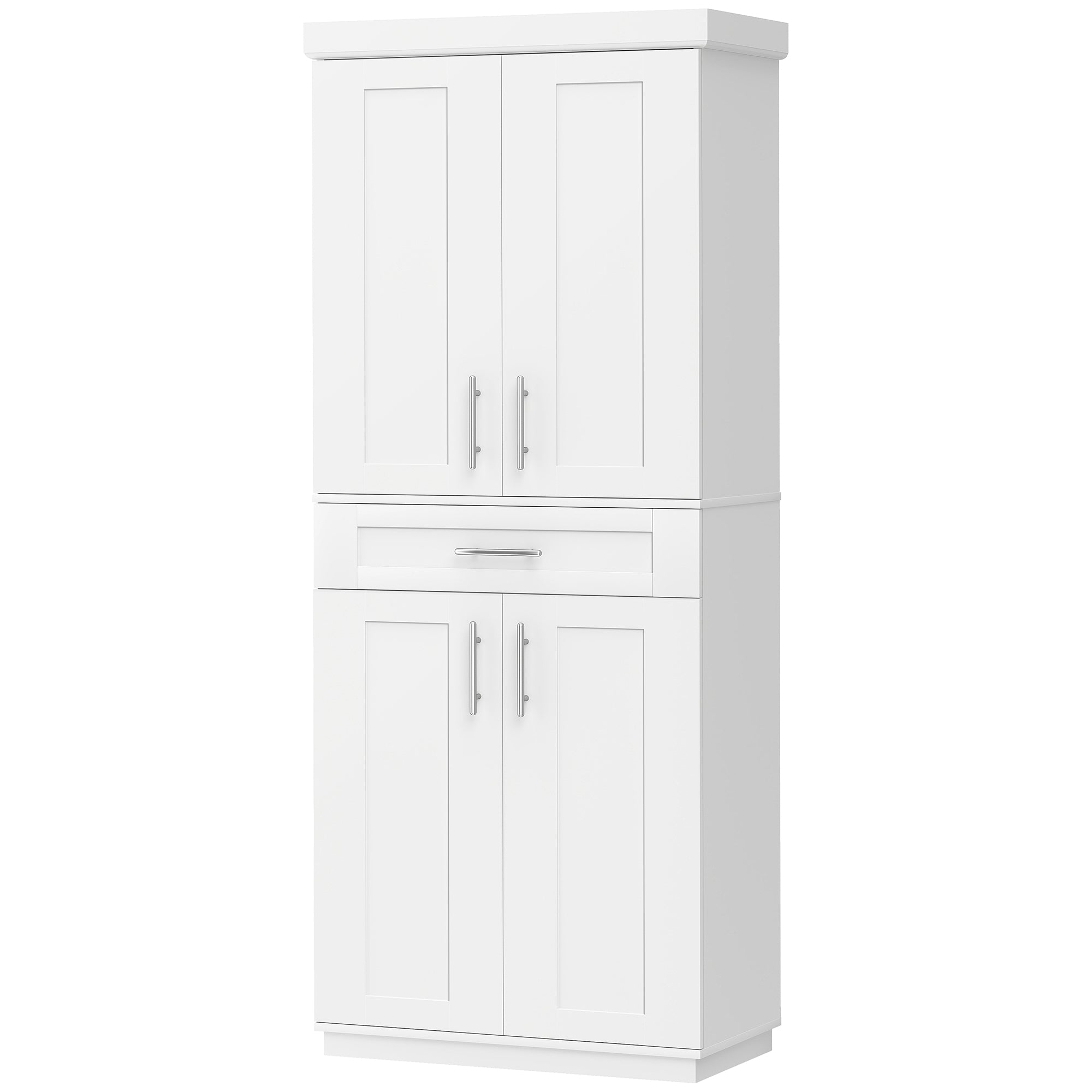 72" Kitchen Pantry Cabinet, Freestanding Tall Storage Cabinet with 4 Doors, Drawer and 3 Adjustable Shelves for Dining Room, White