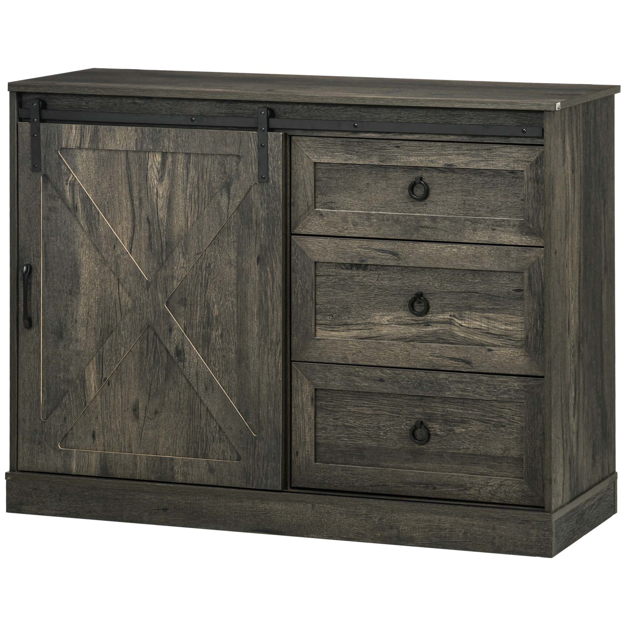 Farmhouse Kitchen Sideboard Buffet Cabinet w/ Sliding Barn Door & 3 Drawers, Dark Grey