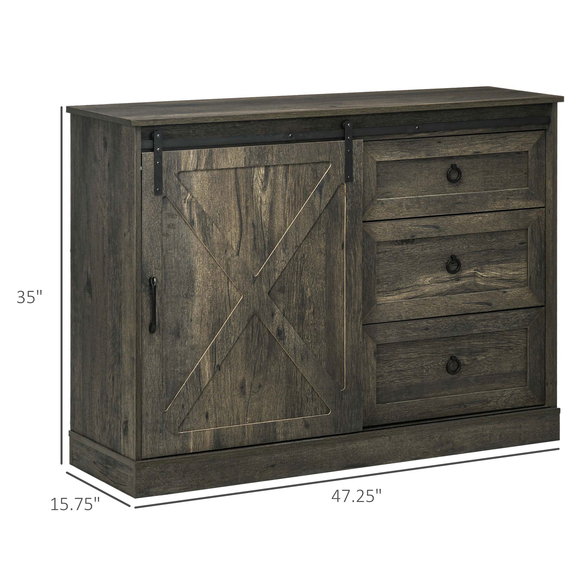 Farmhouse Kitchen Sideboard Buffet Cabinet w/ Sliding Barn Door & 3 Drawers, Dark Grey