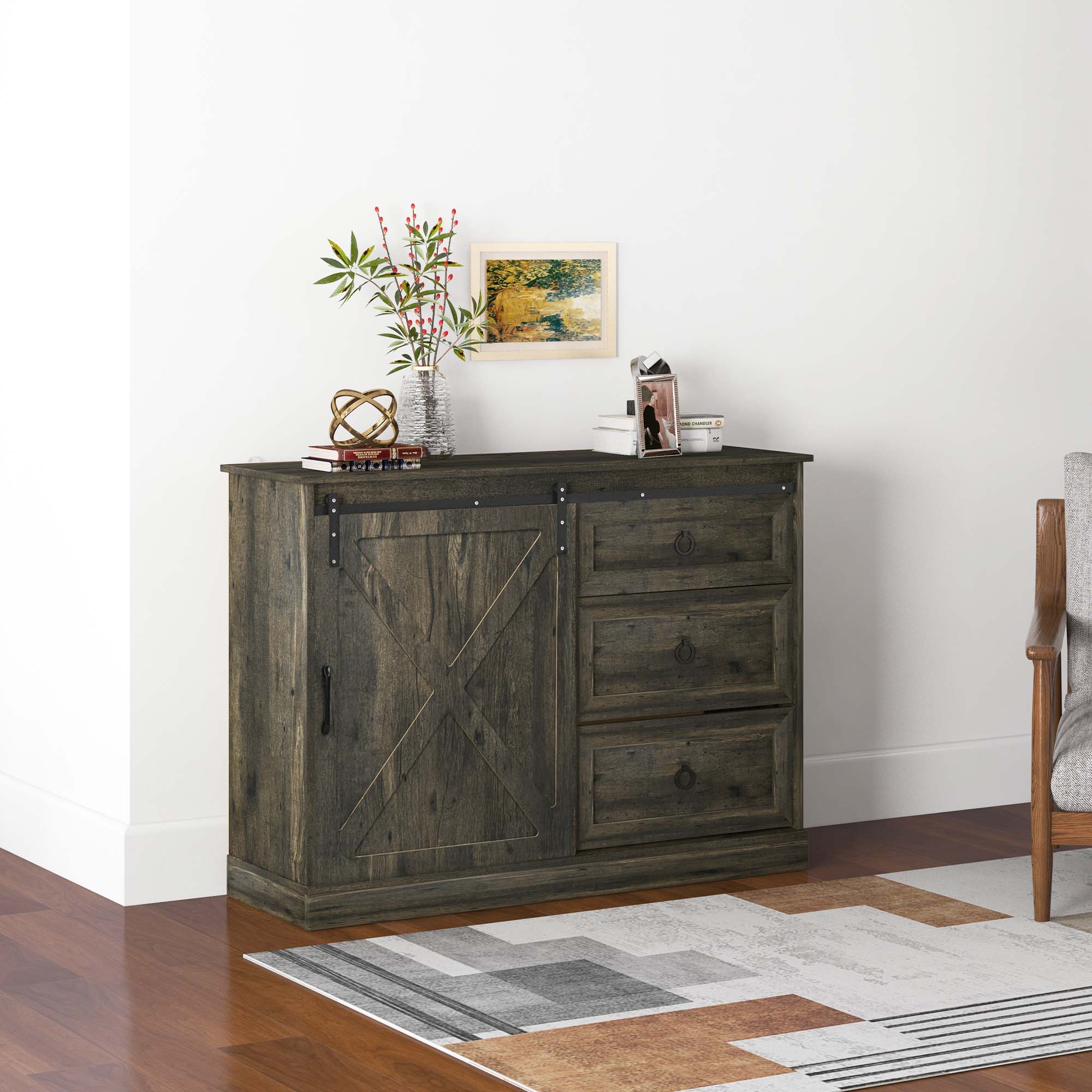 Farmhouse Kitchen Sideboard Buffet Cabinet w/ Sliding Barn Door & 3 Drawers, Dark Grey