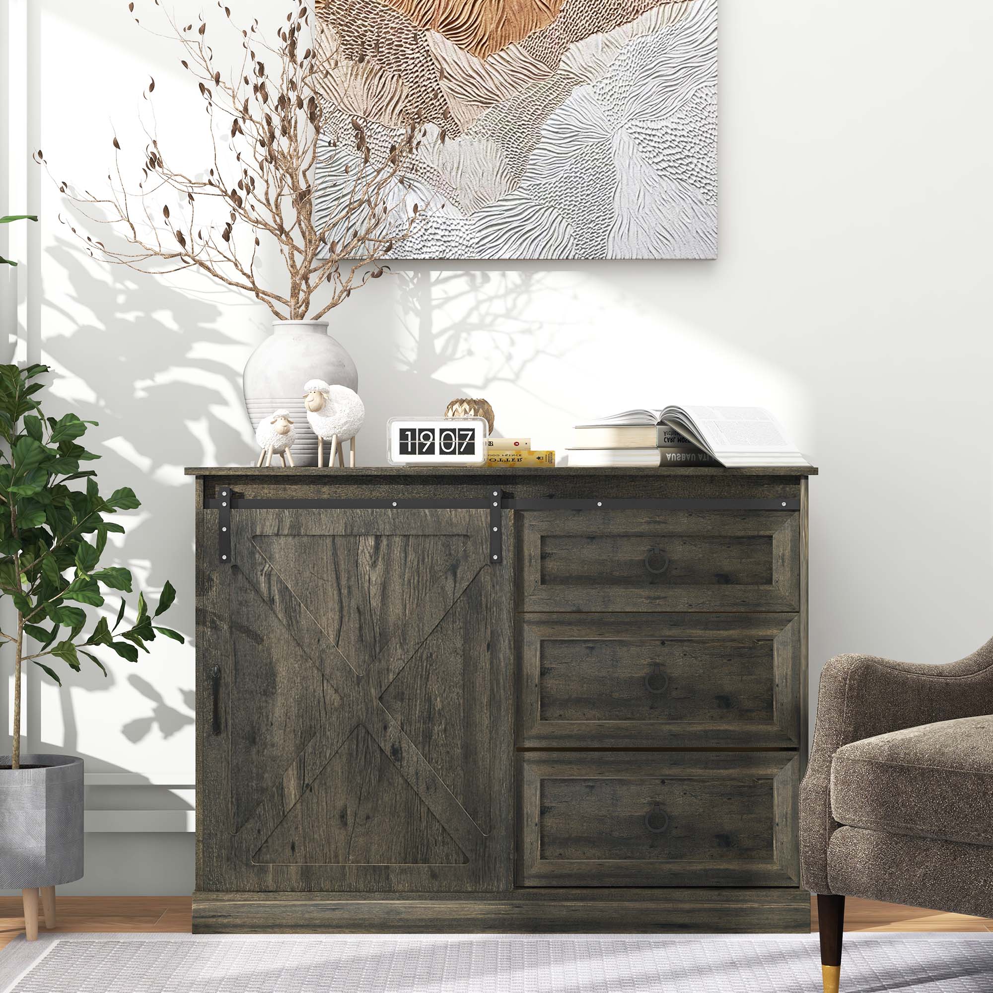 Farmhouse Kitchen Sideboard Buffet Cabinet w/ Sliding Barn Door & 3 Drawers, Dark Grey