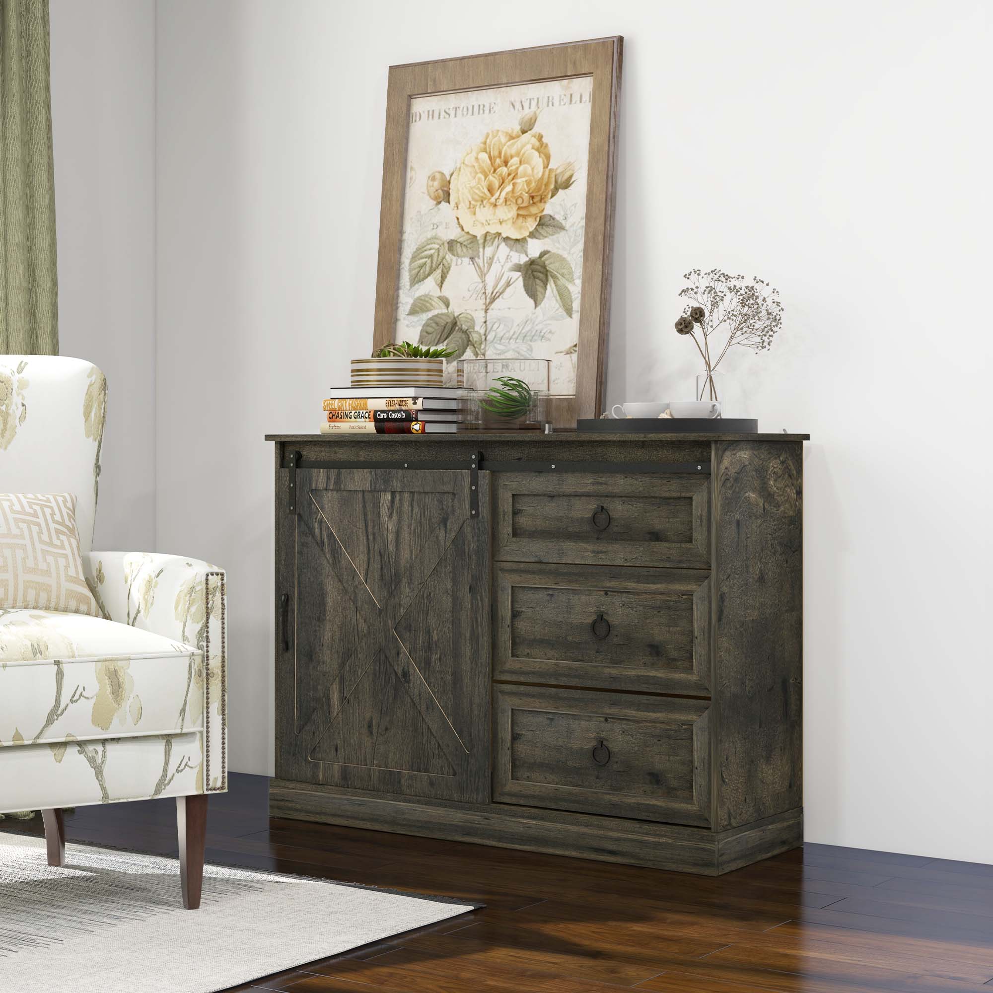 Farmhouse Kitchen Sideboard Buffet Cabinet w/ Sliding Barn Door & 3 Drawers, Dark Grey