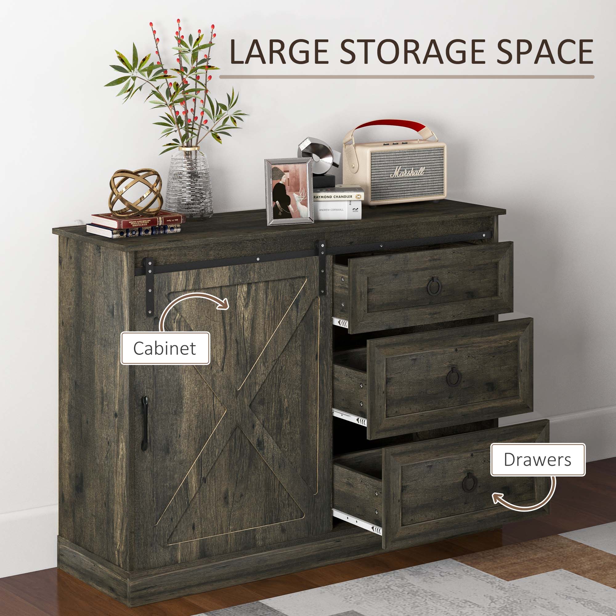 Farmhouse Kitchen Sideboard Buffet Cabinet w/ Sliding Barn Door & 3 Drawers, Dark Grey