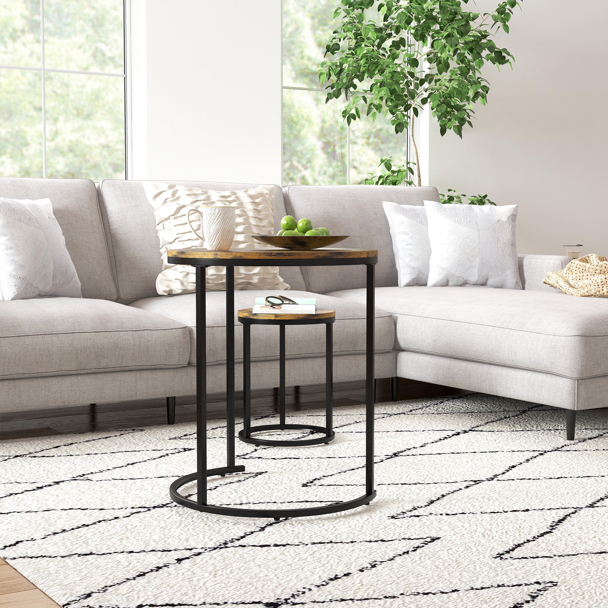 HOMCOM Nesting Tables Set of 3, Round Coffee Table, Modern Stacking Side Tables with Wood Grain Steel Frame for Living Room, Rustic Brown