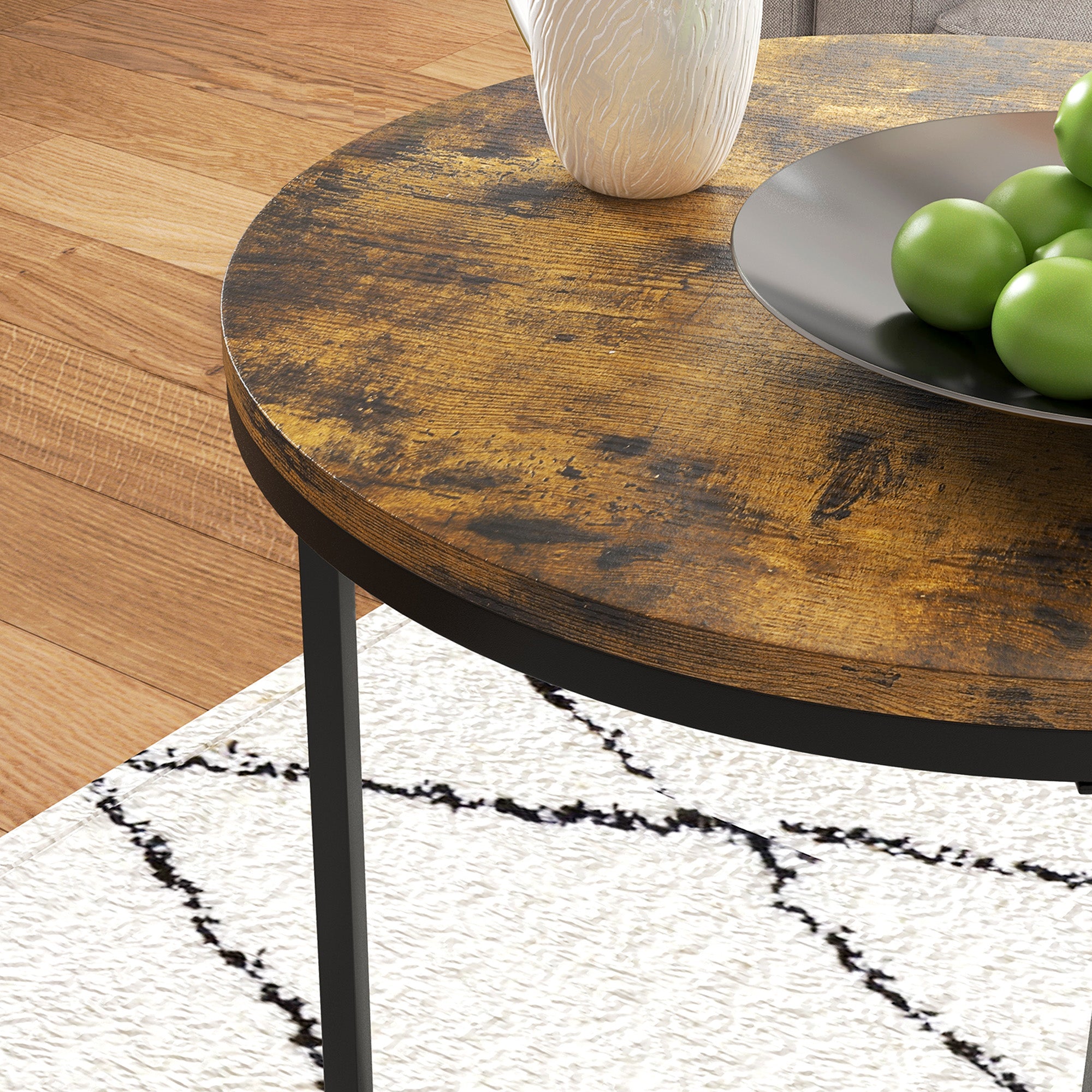 HOMCOM Nesting Tables Set of 3, Round Coffee Table, Modern Stacking Side Tables with Wood Grain Steel Frame for Living Room, Rustic Brown