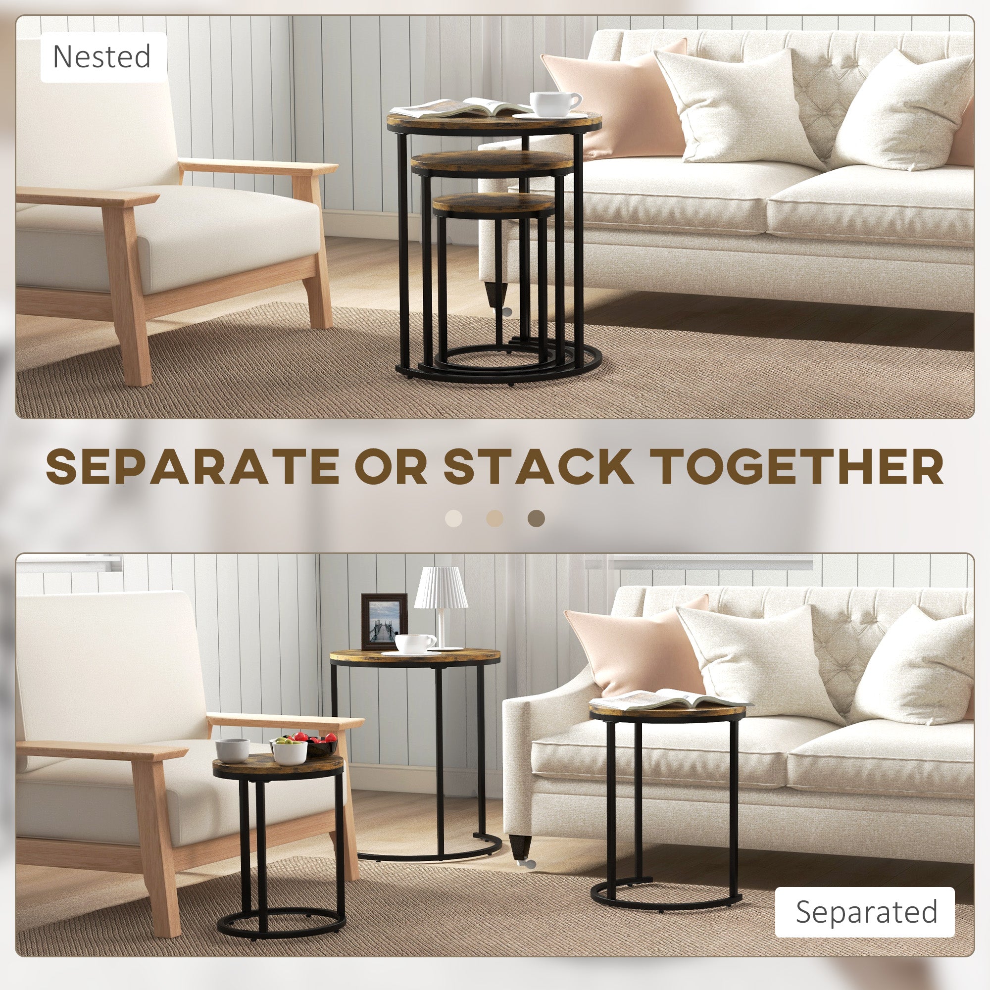HOMCOM Nesting Tables Set of 3, Round Coffee Table, Modern Stacking Side Tables with Wood Grain Steel Frame for Living Room, Rustic Brown