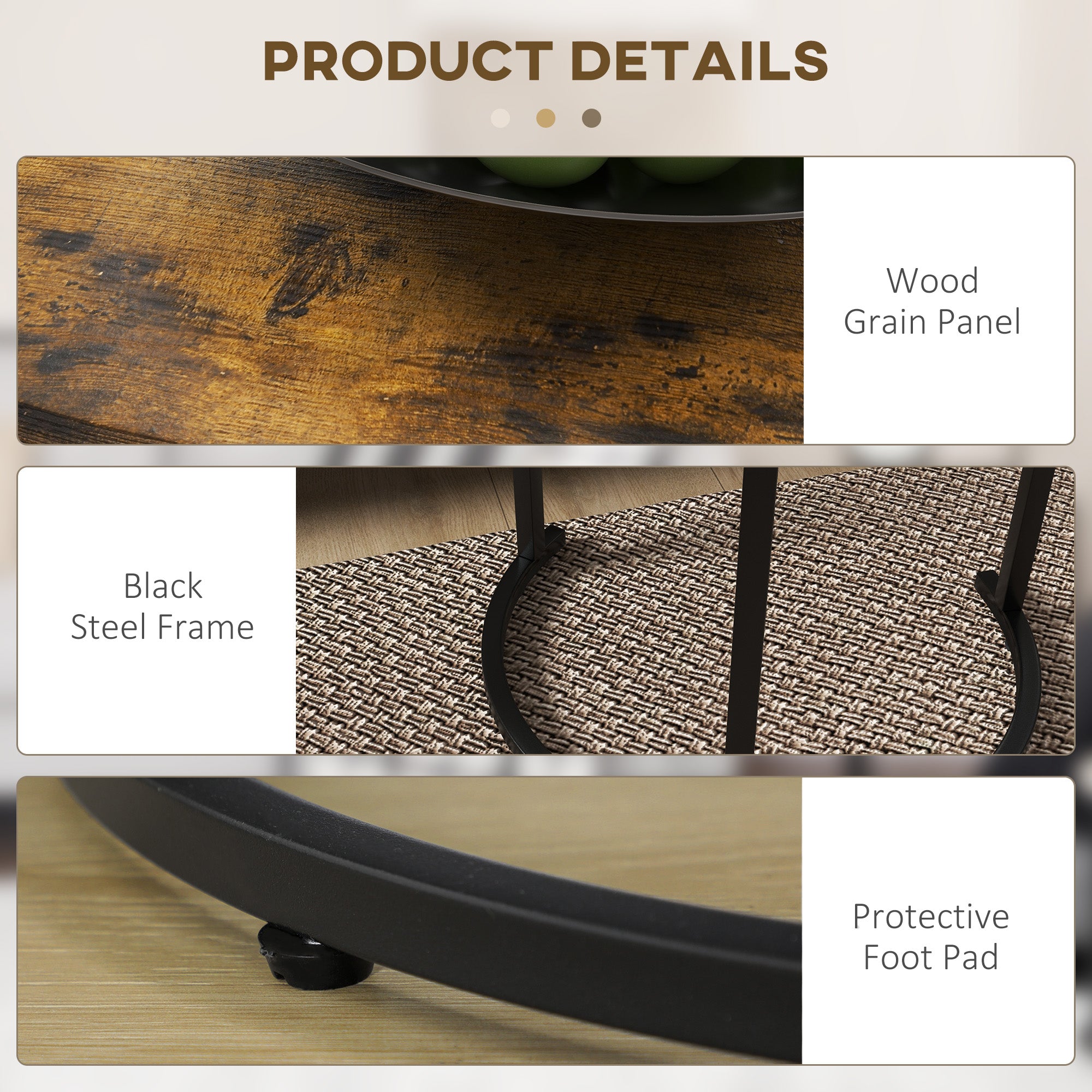 HOMCOM Nesting Tables Set of 3, Round Coffee Table, Modern Stacking Side Tables with Wood Grain Steel Frame for Living Room, Rustic Brown