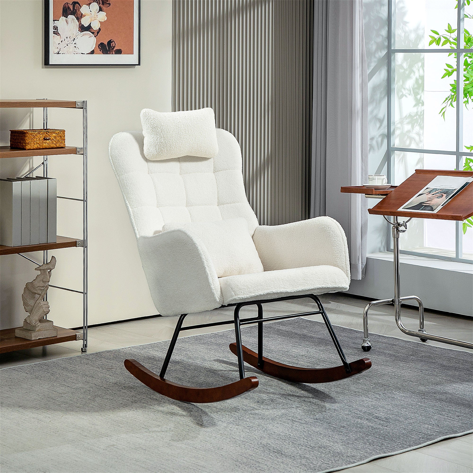 High Back Nursery Rocking Chair w/ Headrest & Lumber Pillow, Cream White