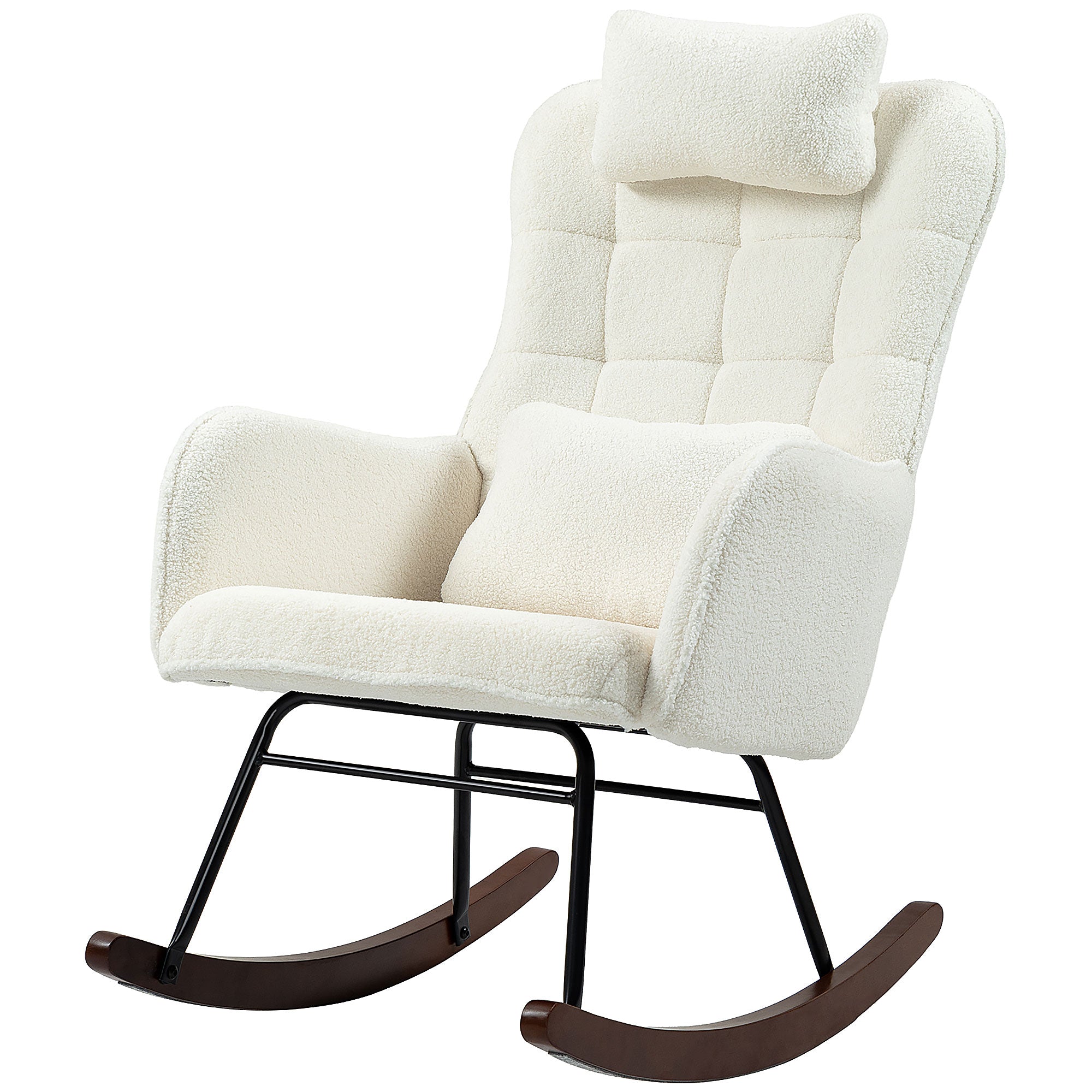 High Back Nursery Rocking Chair w/ Headrest & Lumber Pillow, Cream White