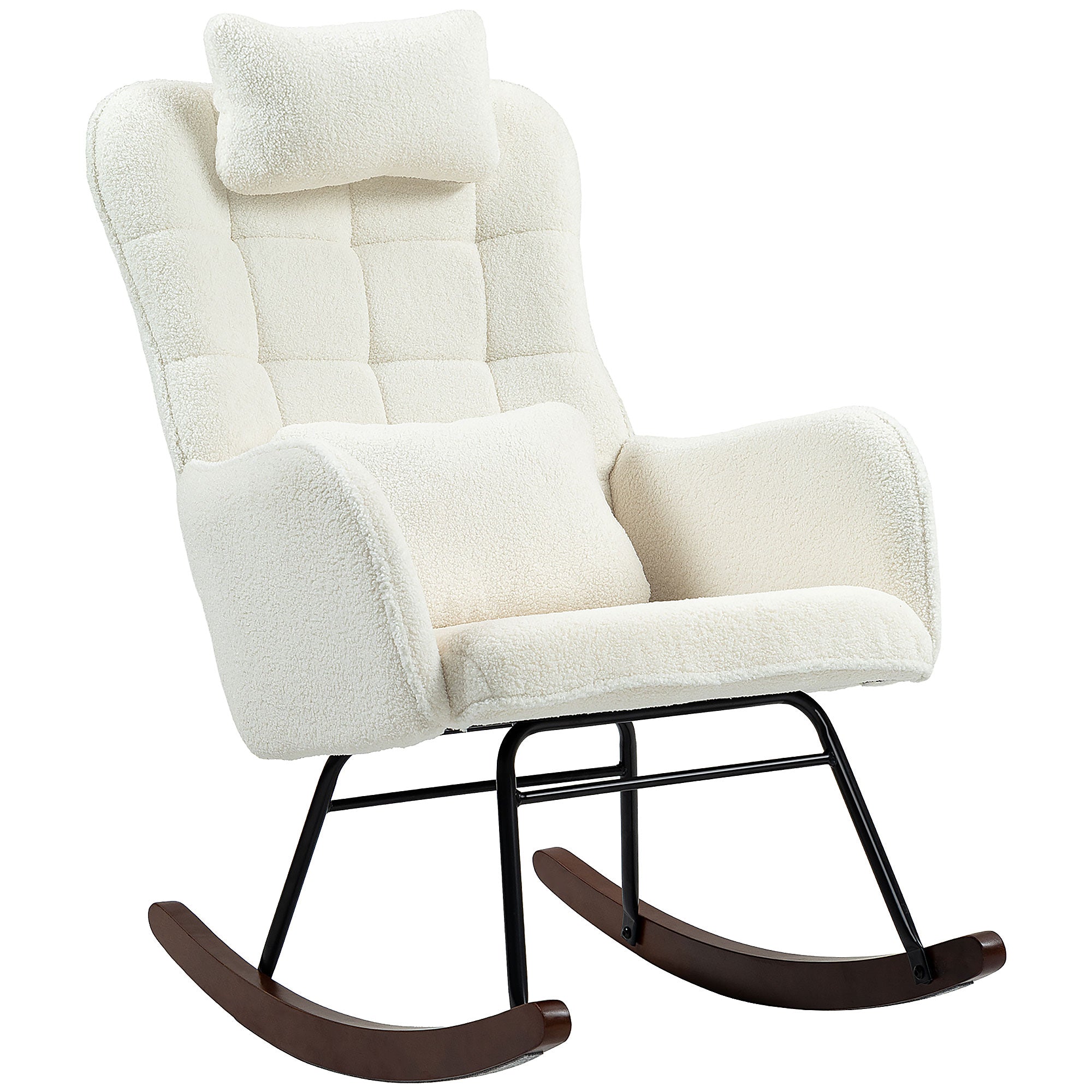 High Back Nursery Rocking Chair w/ Headrest & Lumber Pillow, Cream White