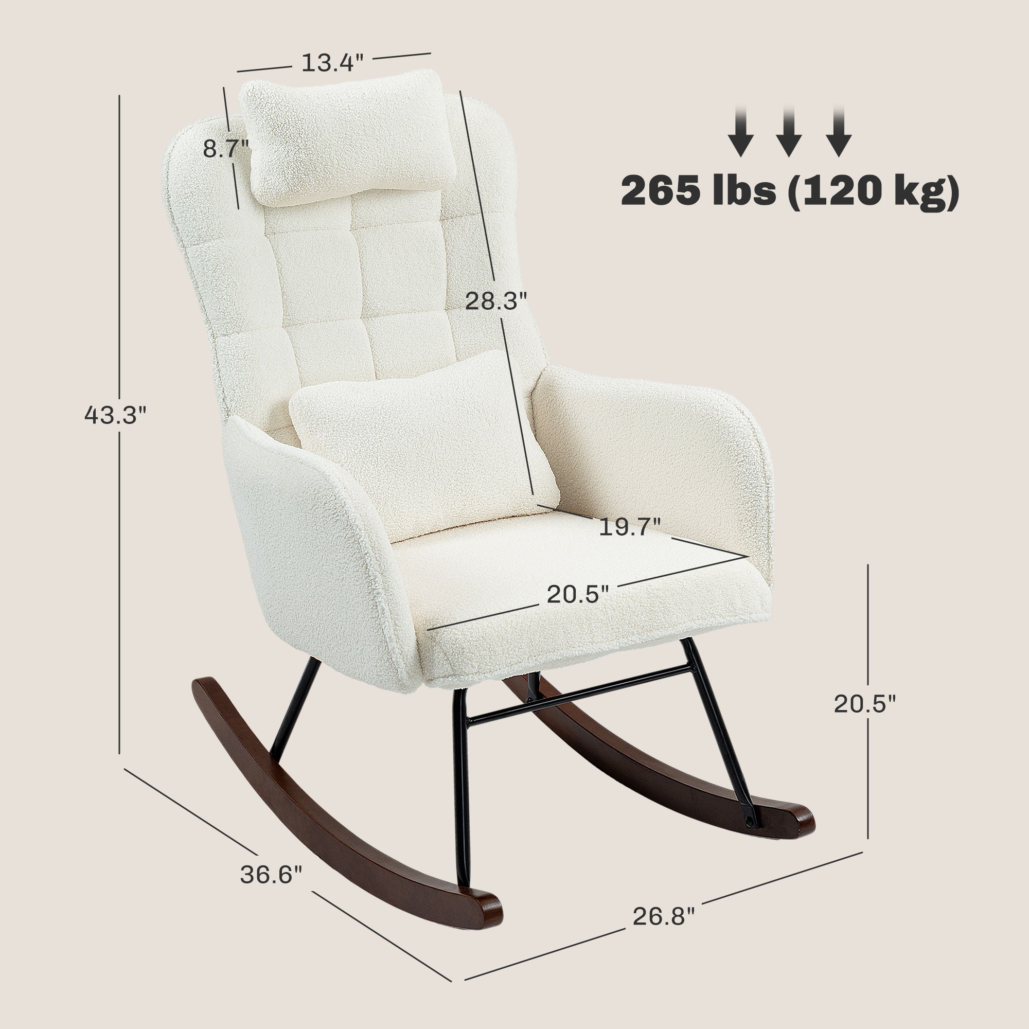 High Back Nursery Rocking Chair w/ Headrest & Lumber Pillow, Cream White