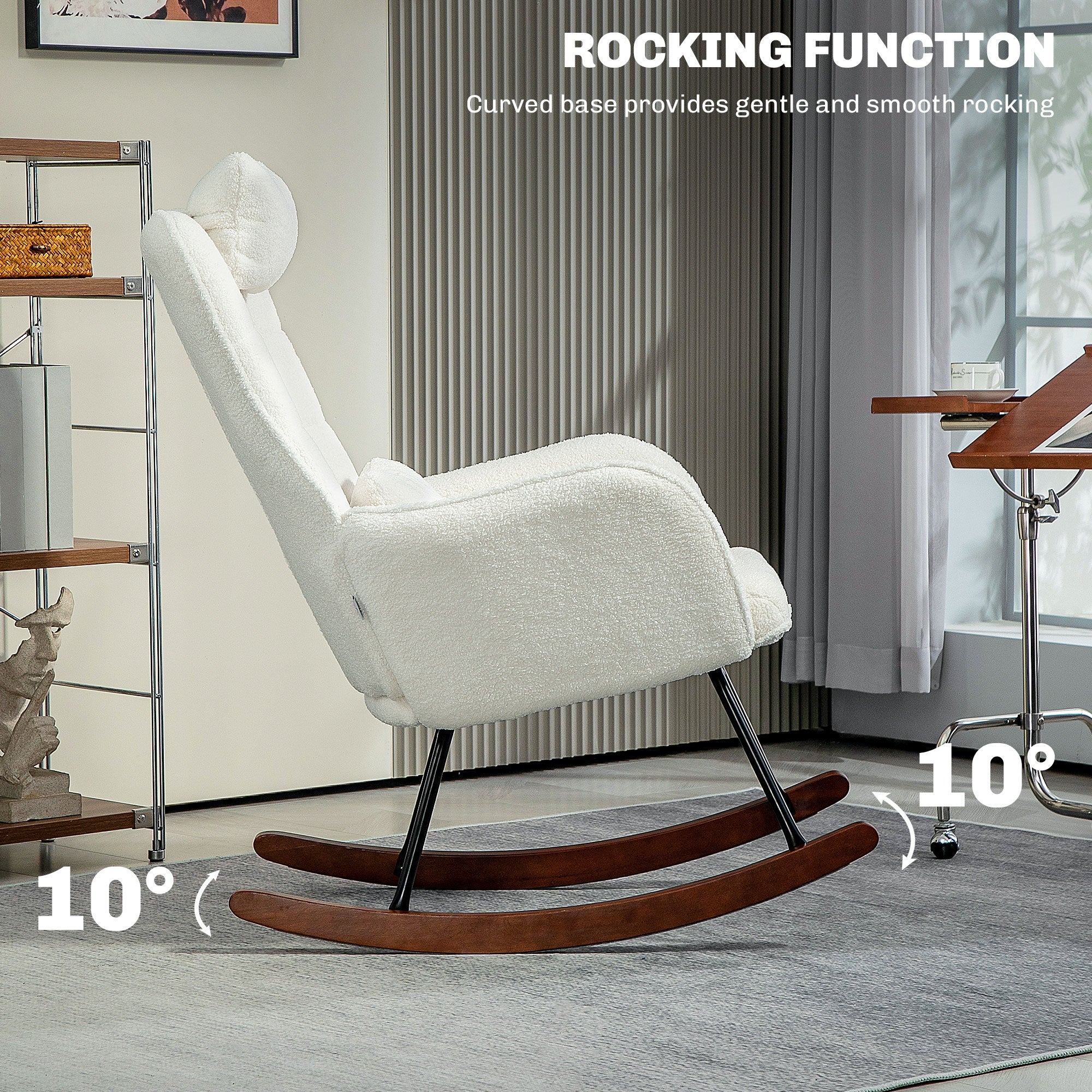 High Back Nursery Rocking Chair w/ Headrest & Lumber Pillow, Cream White