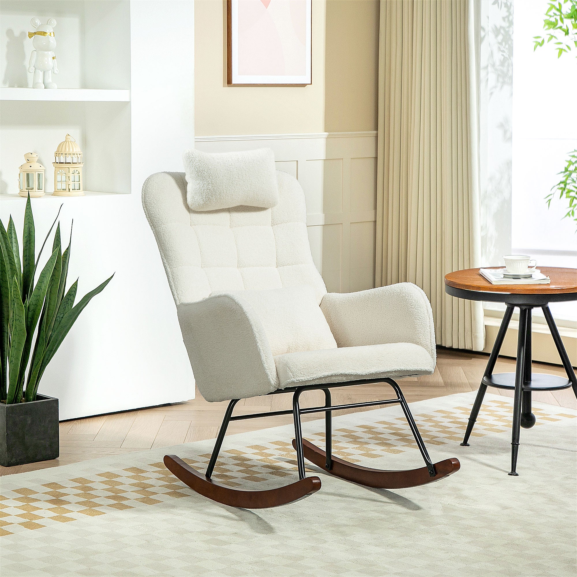 High Back Nursery Rocking Chair w/ Headrest & Lumber Pillow, Cream White