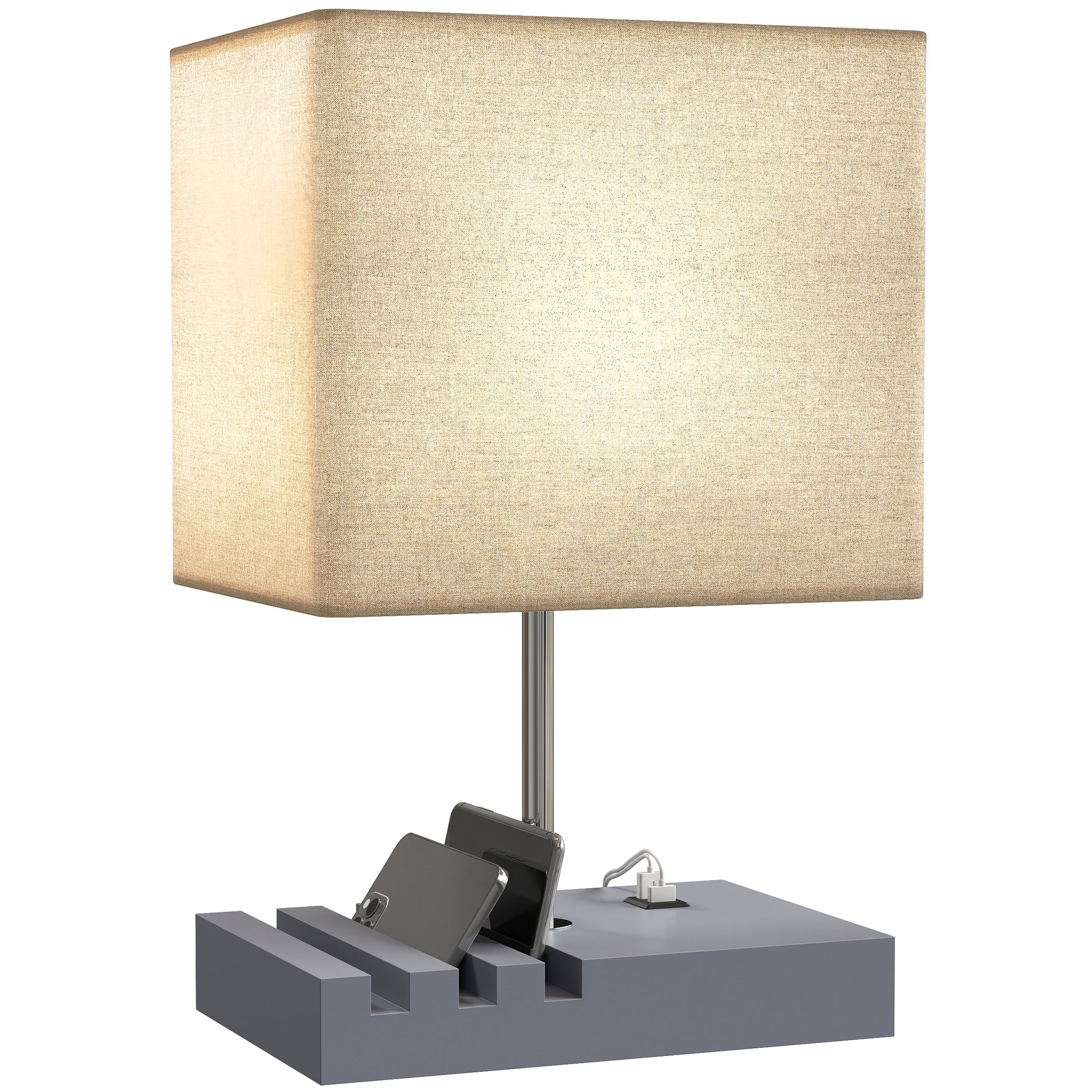 Bedside Lamp with USB A+C Charging Ports and 3 Phone Stands, Modern Table Lamp with Solid Wood Base and Fabric Shade for Bedroom Living Room Office, E27 Socket, Bulb Not Included, Grey