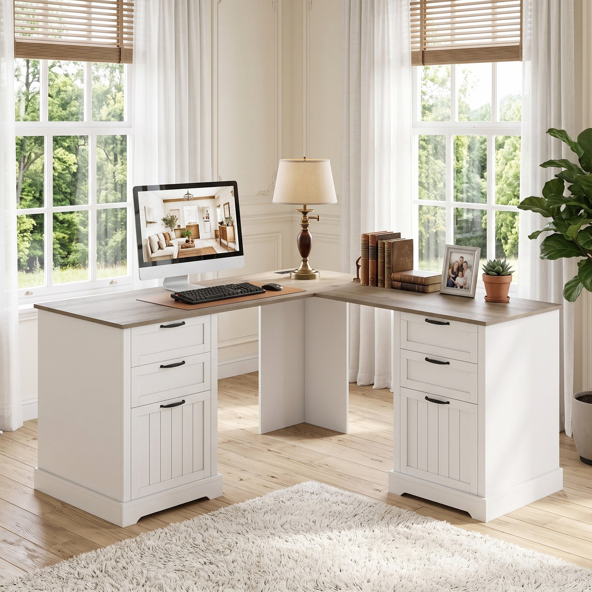 L Shaped Computer Desk with Power Outlets & USB Charging, Corner Desk with 6 Drawers, Hanging Bar for A4 and Letter Size, Study and Home Office, Brown and White