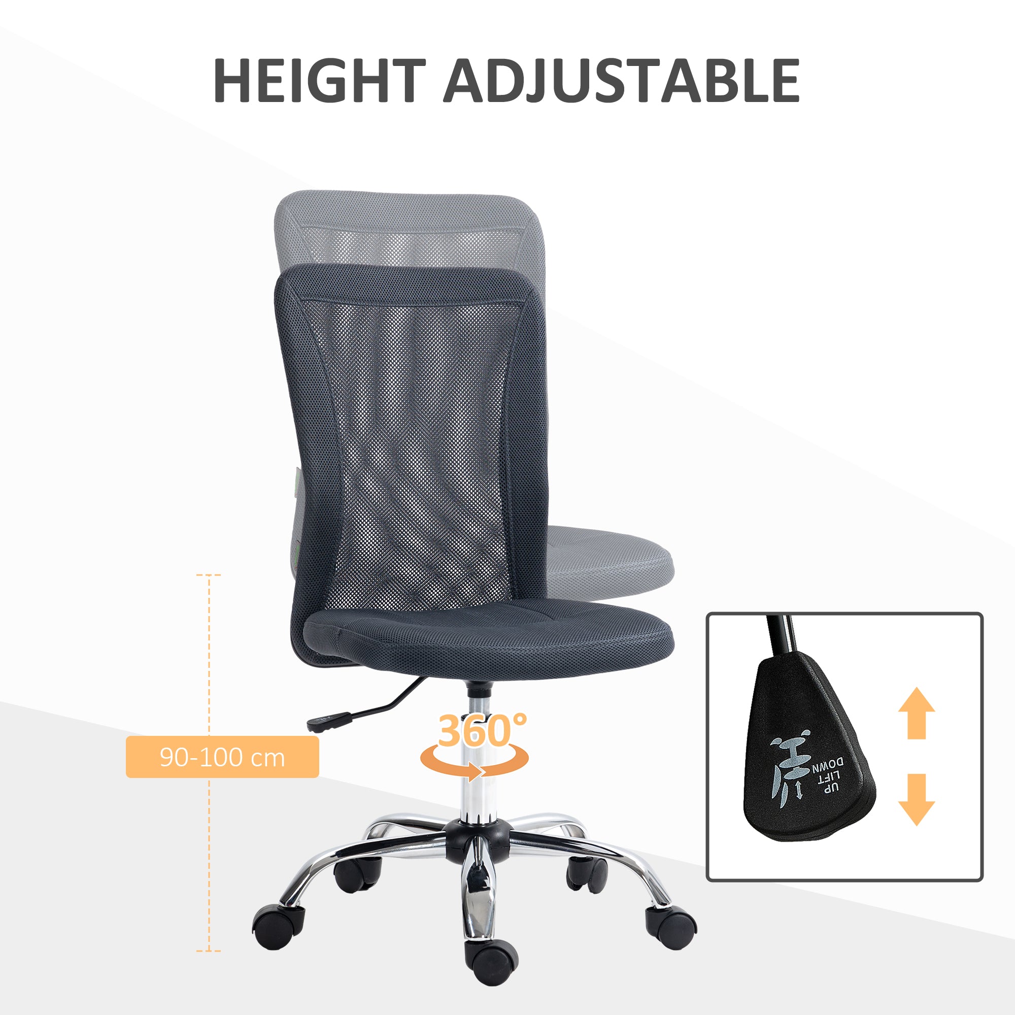 Vinsetto Office Chair, Armless Desk Chair, Adjustable Computer Swivel Chair with Rolling Wheels and Mesh Back for Home Work Study, Dark Grey