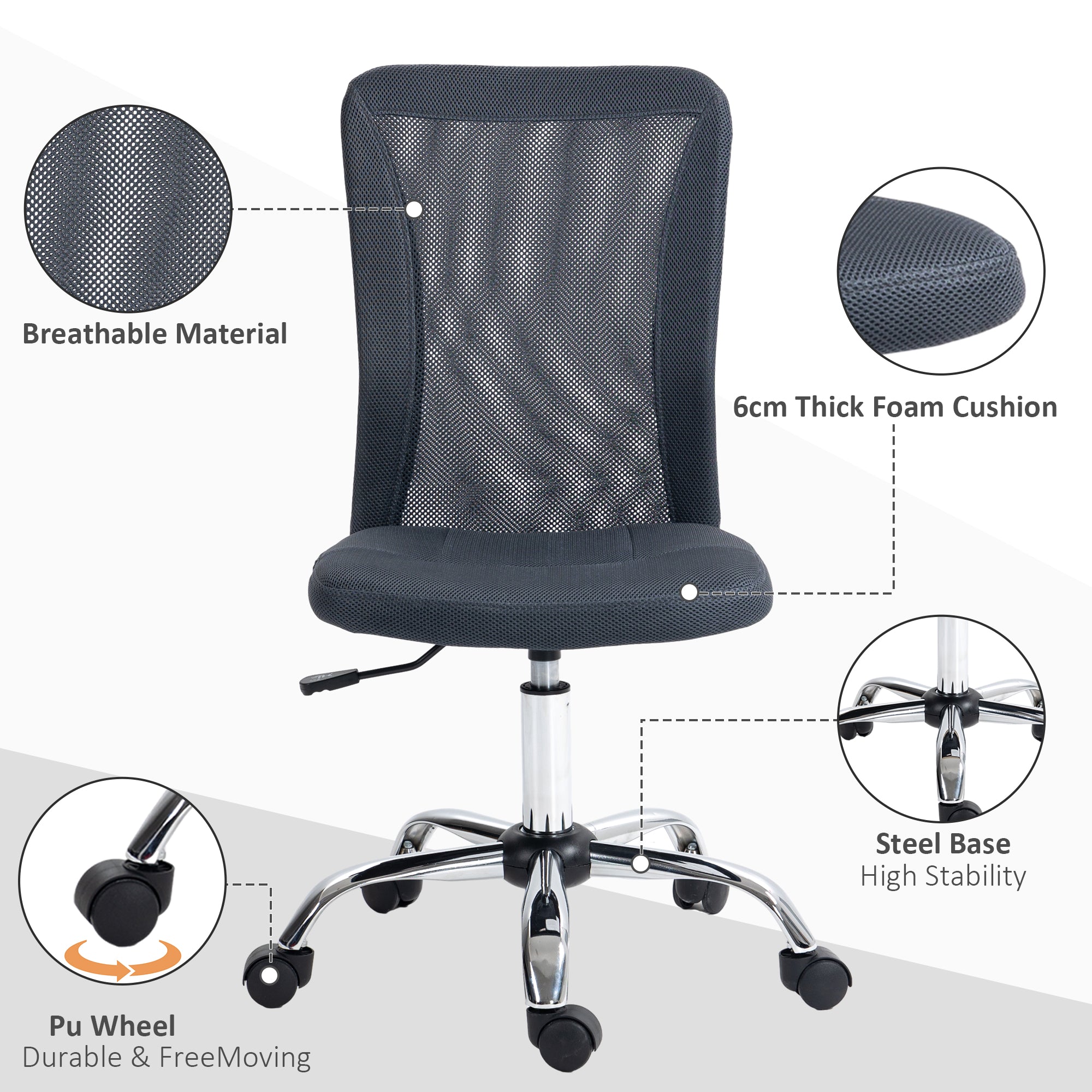 Vinsetto Office Chair, Armless Desk Chair, Adjustable Computer Swivel Chair with Rolling Wheels and Mesh Back for Home Work Study, Dark Grey
