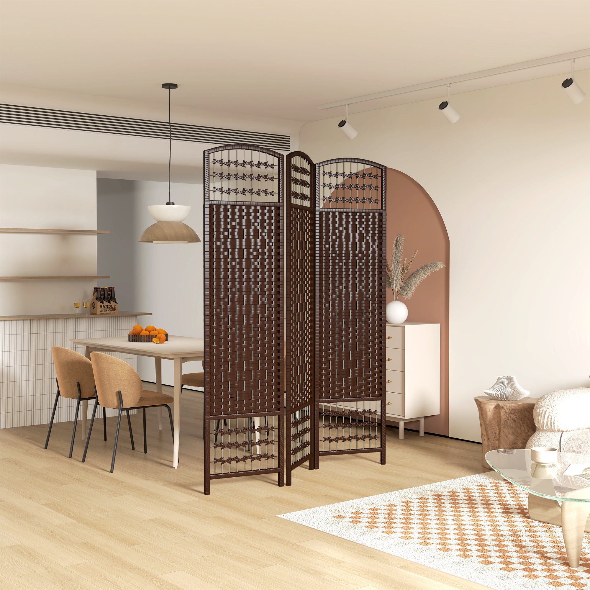 3 Panel Folding Room Divider, Portable Privacy Screen, Wave Fiber, Brown