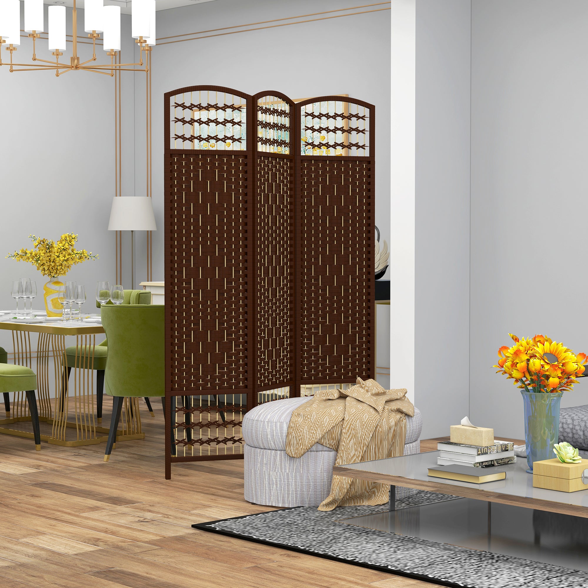 3 Panel Folding Room Divider, Portable Privacy Screen, Wave Fiber, Brown