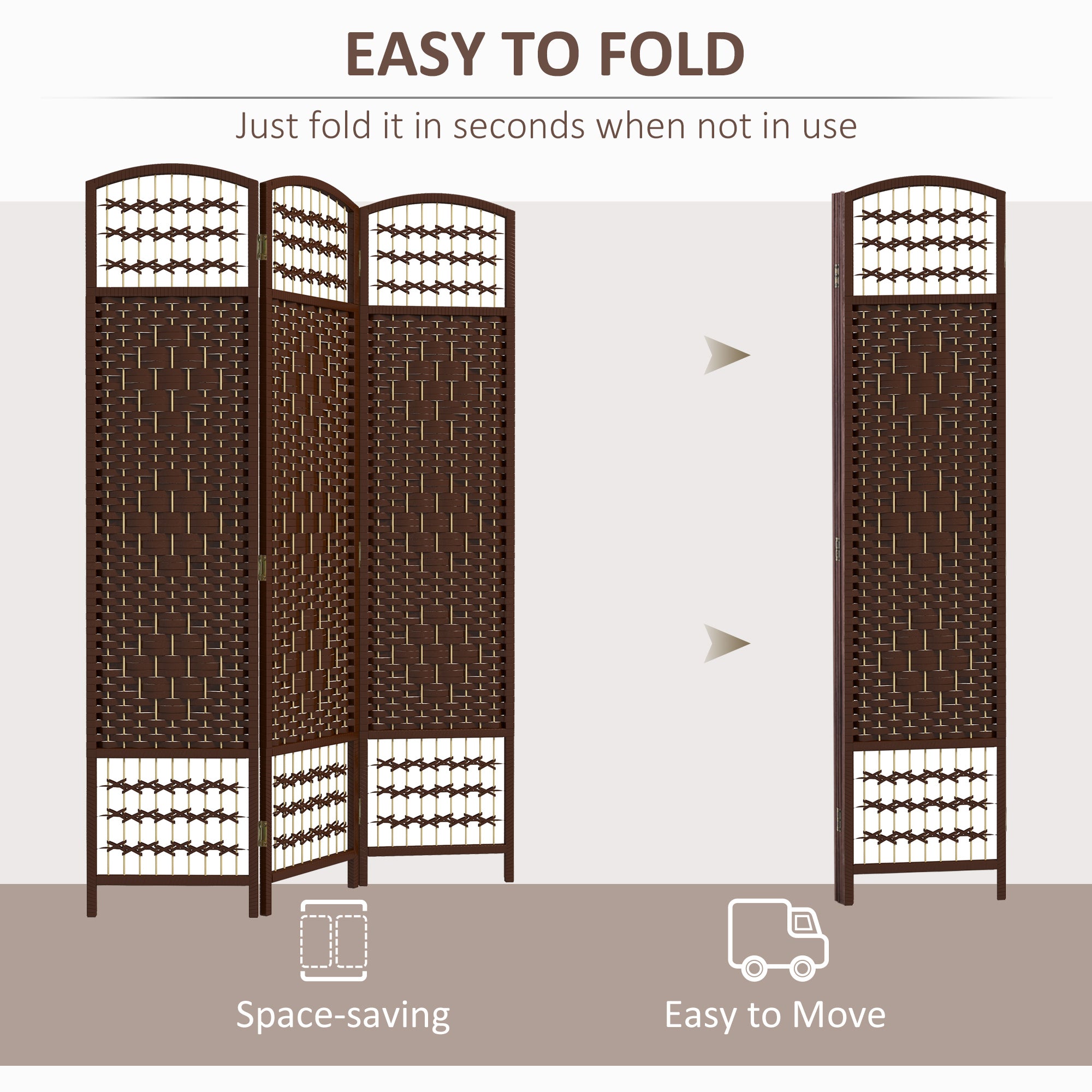 3 Panel Folding Room Divider, Portable Privacy Screen, Wave Fiber, Brown