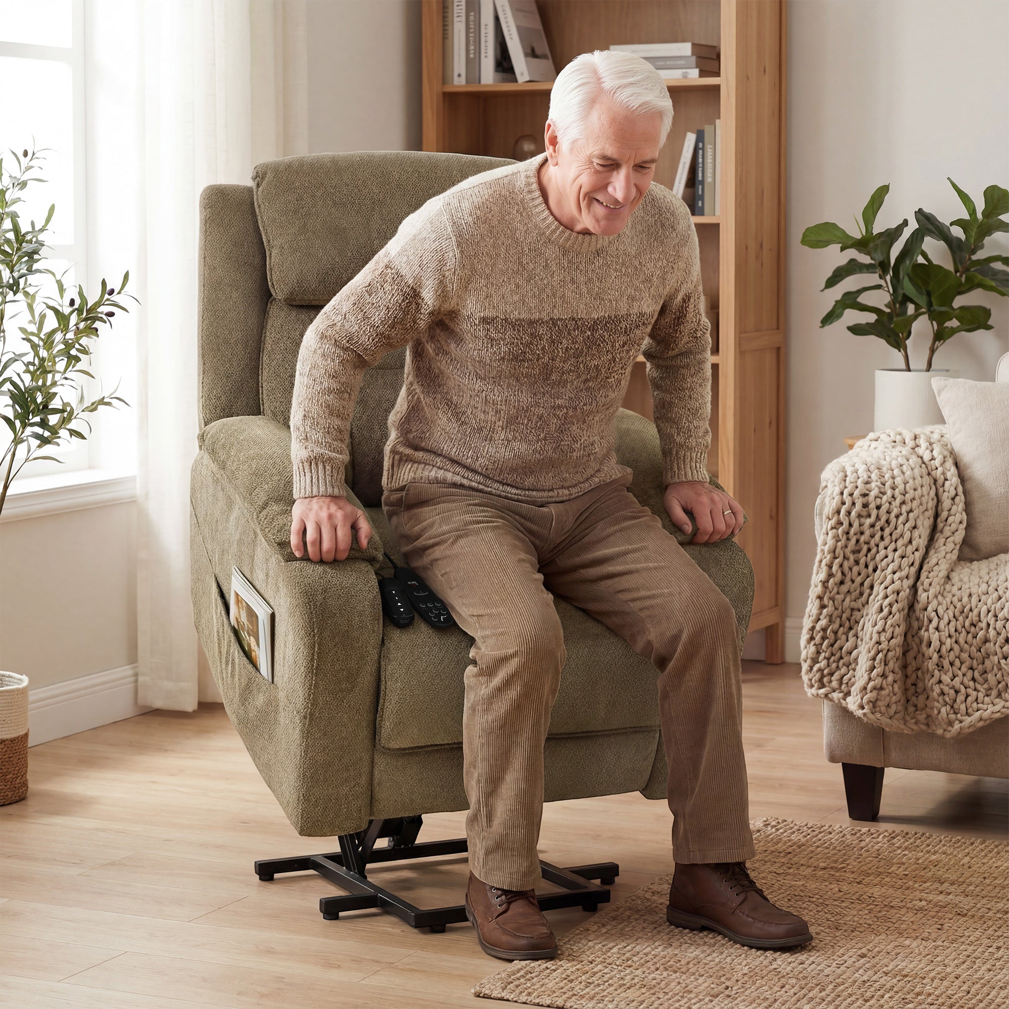Power Lift Recliner Chair for Elderly with Massage, Electric Recliner with Side Pockets, Remote, 2 Memory Buttons, Footrest, Quiet Reclining Chair for Living Room, Brown