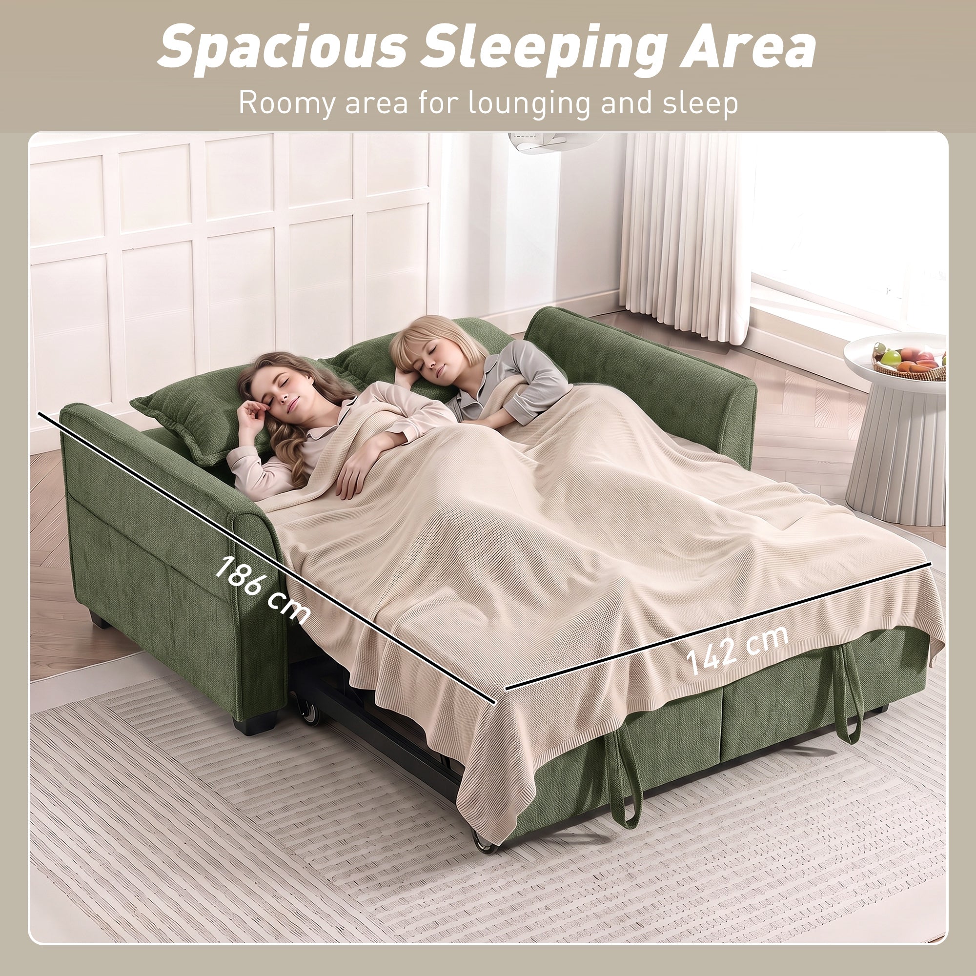 2 Seater Sofa Bed, 4-in-1 L Shaped Convertible Pull Out Sleeper Sofa with Adjustable Backrest, Chenille Loveseat with 2 Pillows, Wide Deep Seat, Side Pockets for Living Room, Dark Green