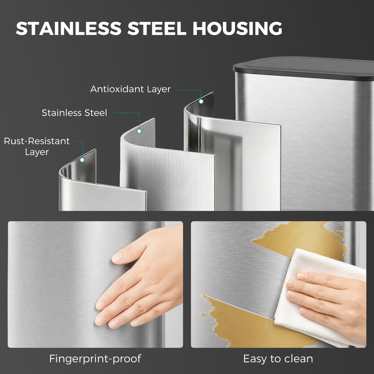 55L Sensor Bin for Kitchen, Touchless Automatic Waste Rubbish Bin with Soft-Close Lid, Fingerprint-Resistant Stainless Steel, Retainer Ring, Battery Operated for Home Office, Study, Silver Tone