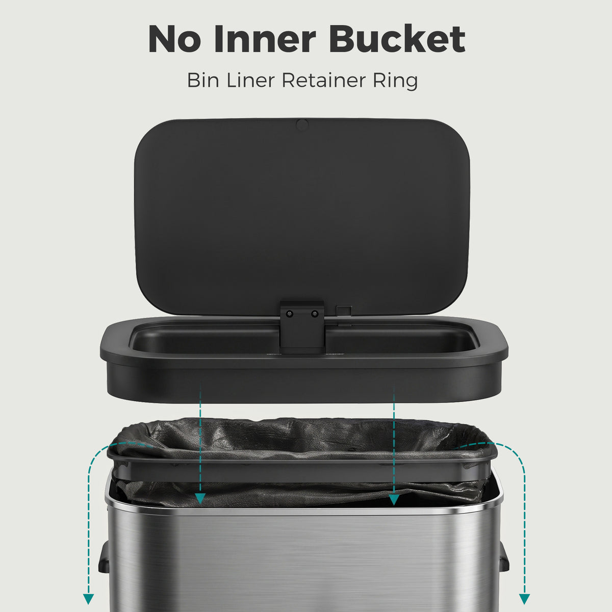 55L Sensor Bin for Kitchen, Touchless Automatic Waste Rubbish Bin with Soft-Close Lid, Fingerprint-Resistant Stainless Steel, Retainer Ring, Battery Operated for Home Office, Study, Silver Tone