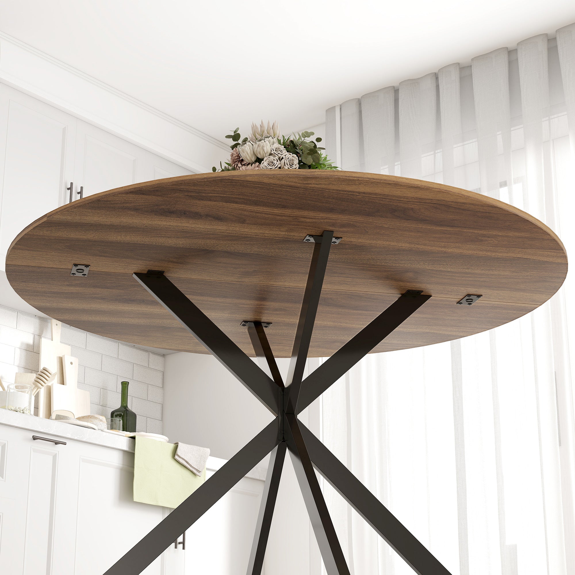 Round Dining Table for 4, 47" Industrial Kitchen Table with Steel Legs for Dining Room, Dark Brown and Black