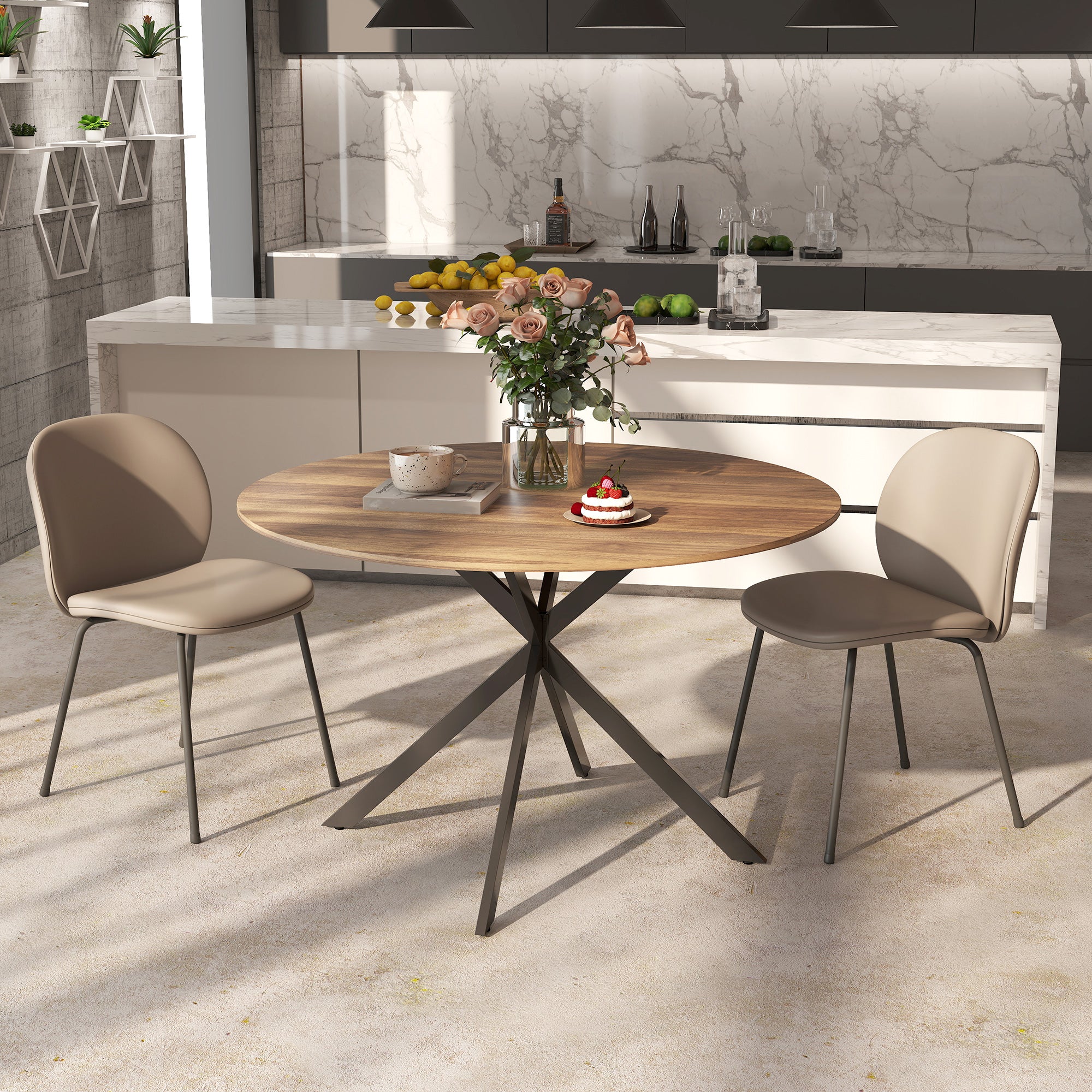 Round Dining Table for 4, 47" Industrial Kitchen Table with Steel Legs for Dining Room, Dark Brown and Black