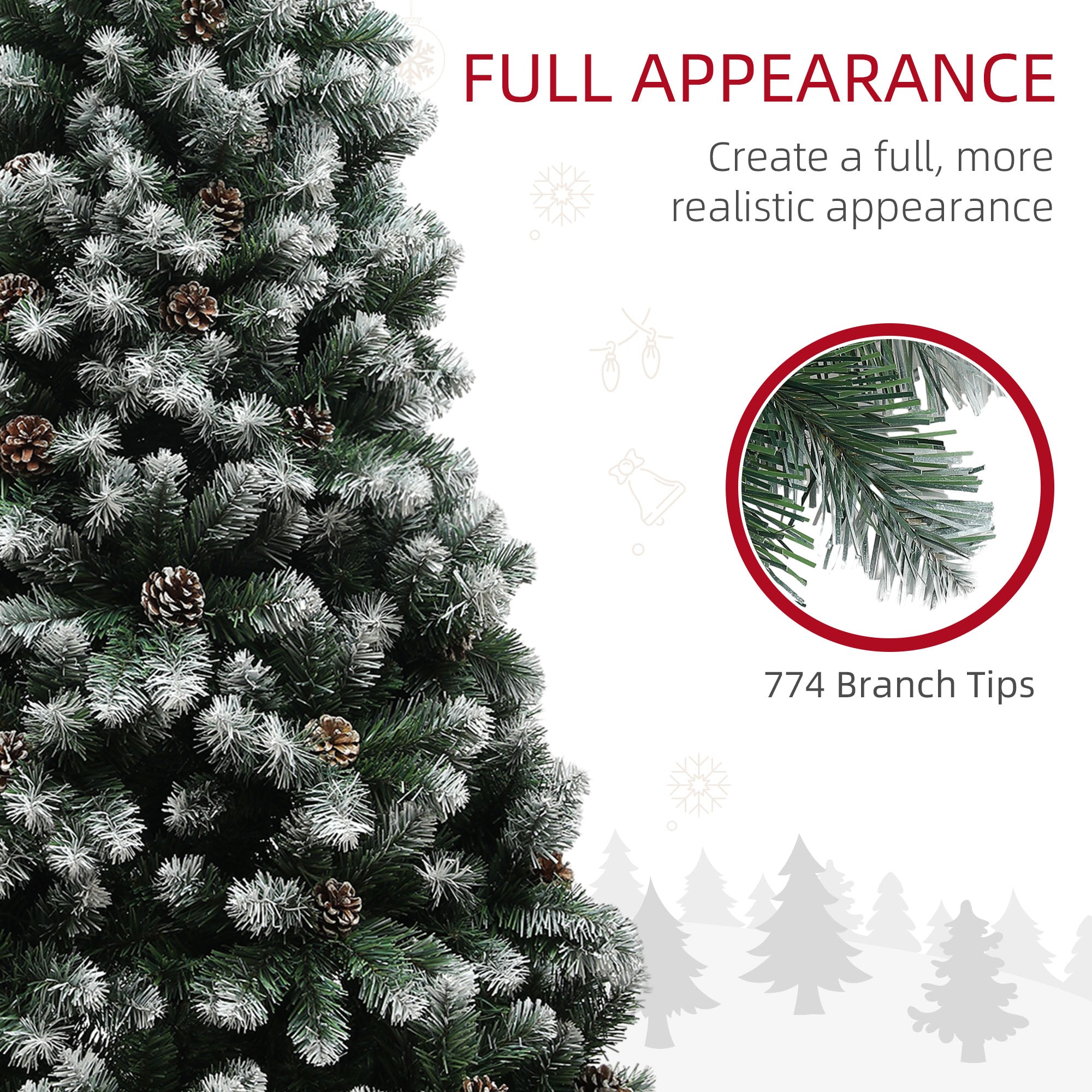 HOMCOM 6ft Artificial Pine Christmas Tree with 774 Branch Tips and Steel Base, Realistic Hinged Tree with Pinecones, Holiday Décor for Home Office, Green