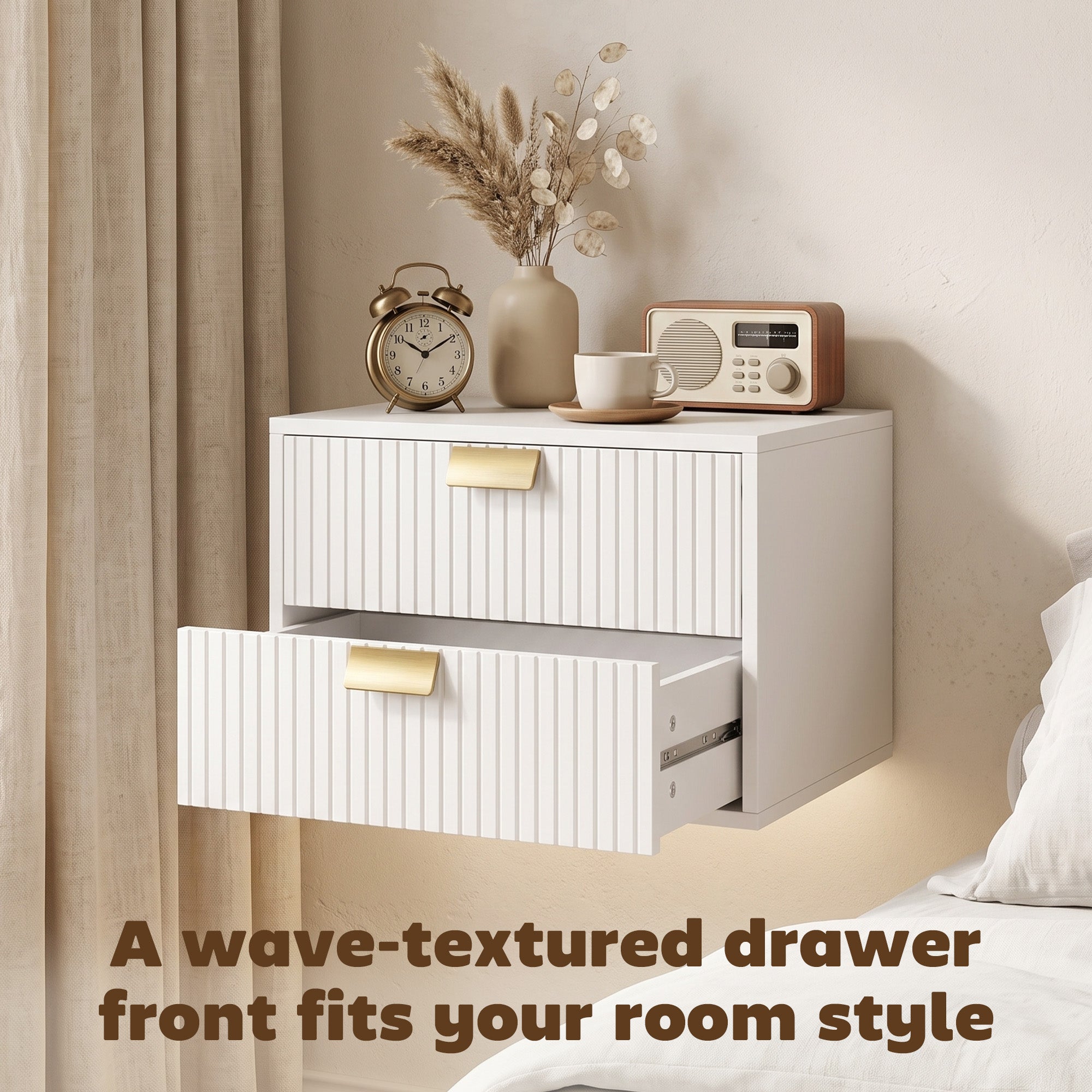 Modern Floating Nightstands Set of 2, Wall Mounted Bedside Tables with 2 Wave Drawers, Bedside Cabinets for Bedroom Living Room, White