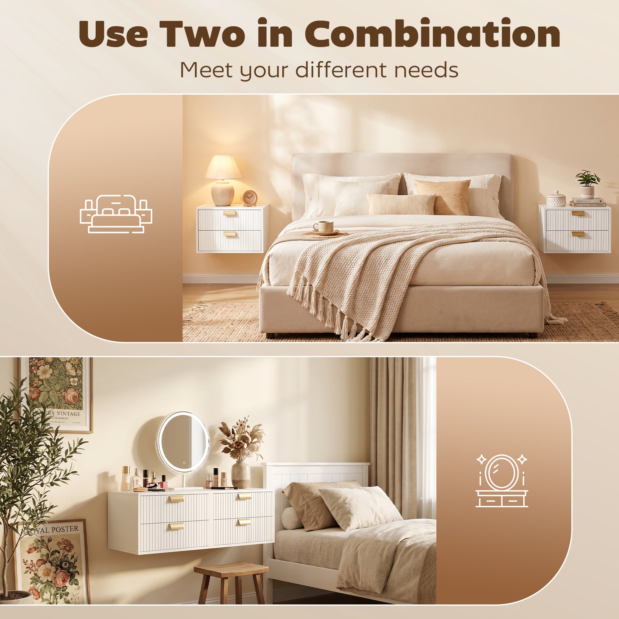 Modern Floating Nightstands Set of 2, Wall Mounted Bedside Tables with 2 Wave Drawers, Bedside Cabinets for Bedroom Living Room, White