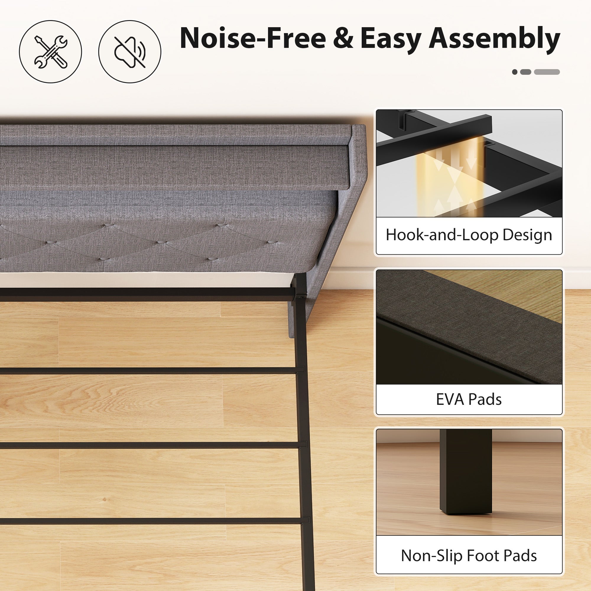5ft King Size Bed Frame, Floating Bed Frame with Music Sync RGB LED Lights and Charging Station, Upholstered Headboard with Storage Shelves, No Box Spring Needed, Noise Free, Grey