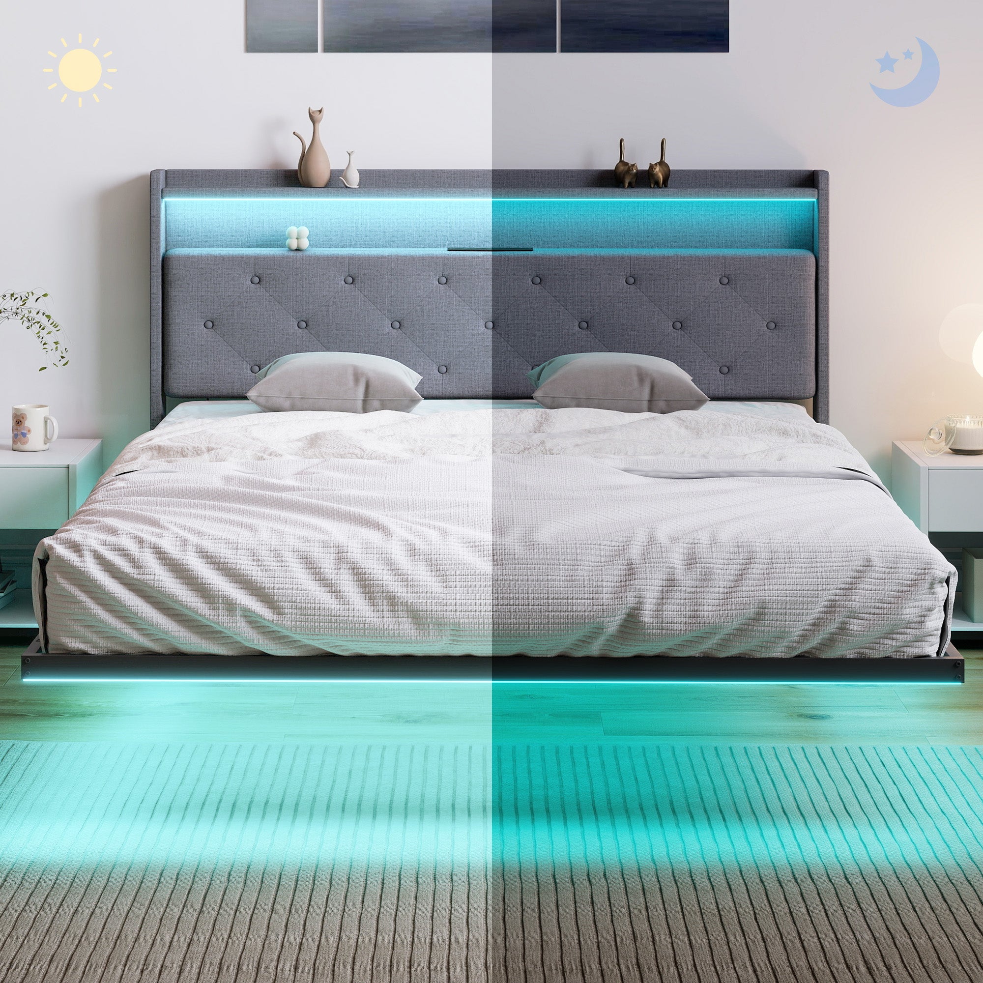 5ft King Size Bed Frame, Floating Bed Frame with Music Sync RGB LED Lights and Charging Station, Upholstered Headboard with Storage Shelves, No Box Spring Needed, Noise Free, Grey