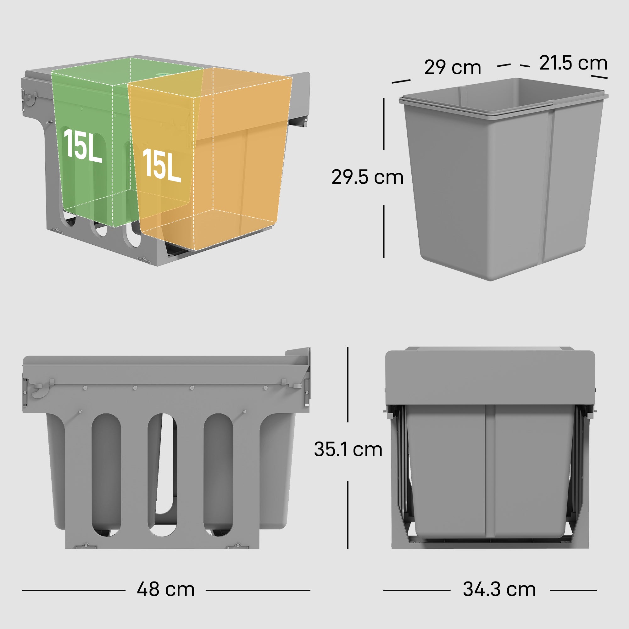 30L Pull Out Bin - 2 Compartments (15L Each), Soft Close Under Sink Bin with Removable Buckets for 400mm Cabinets, Kitchen Waste and Recycling, Base Mounted, Light Grey