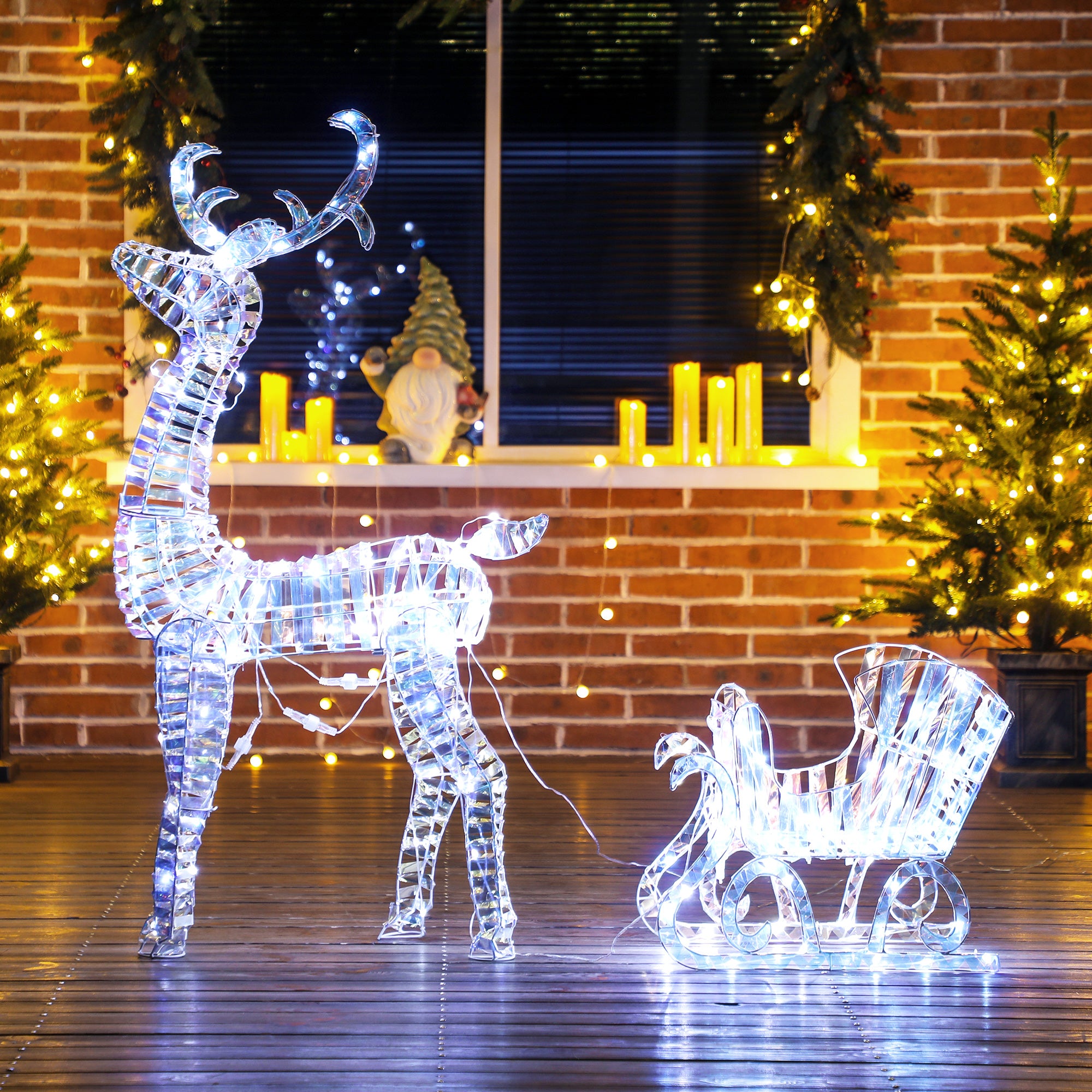 Lighted Christmas Reindeer with Sleigh, Outdoor Yard Reindeer with 170 Warm White LED Lights, Holiday Decor with Stakes, IP44 Waterproof, Silver