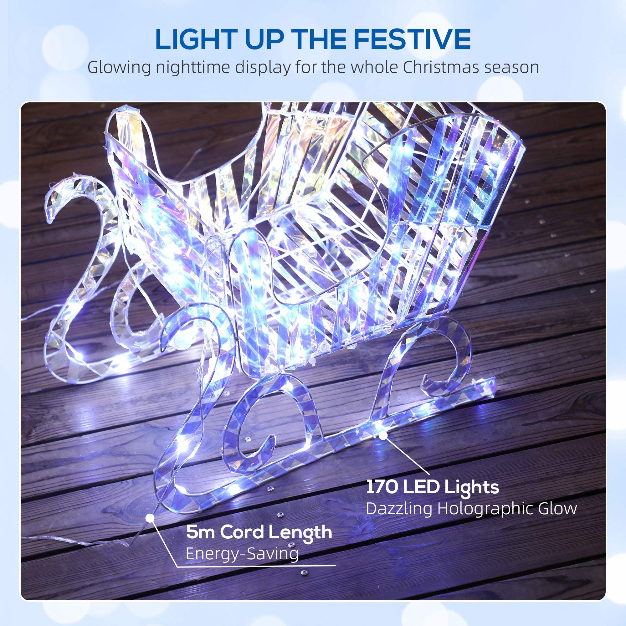 Lighted Christmas Reindeer with Sleigh, Outdoor Yard Reindeer with 170 Warm White LED Lights, Holiday Decor with Stakes, IP44 Waterproof, Silver