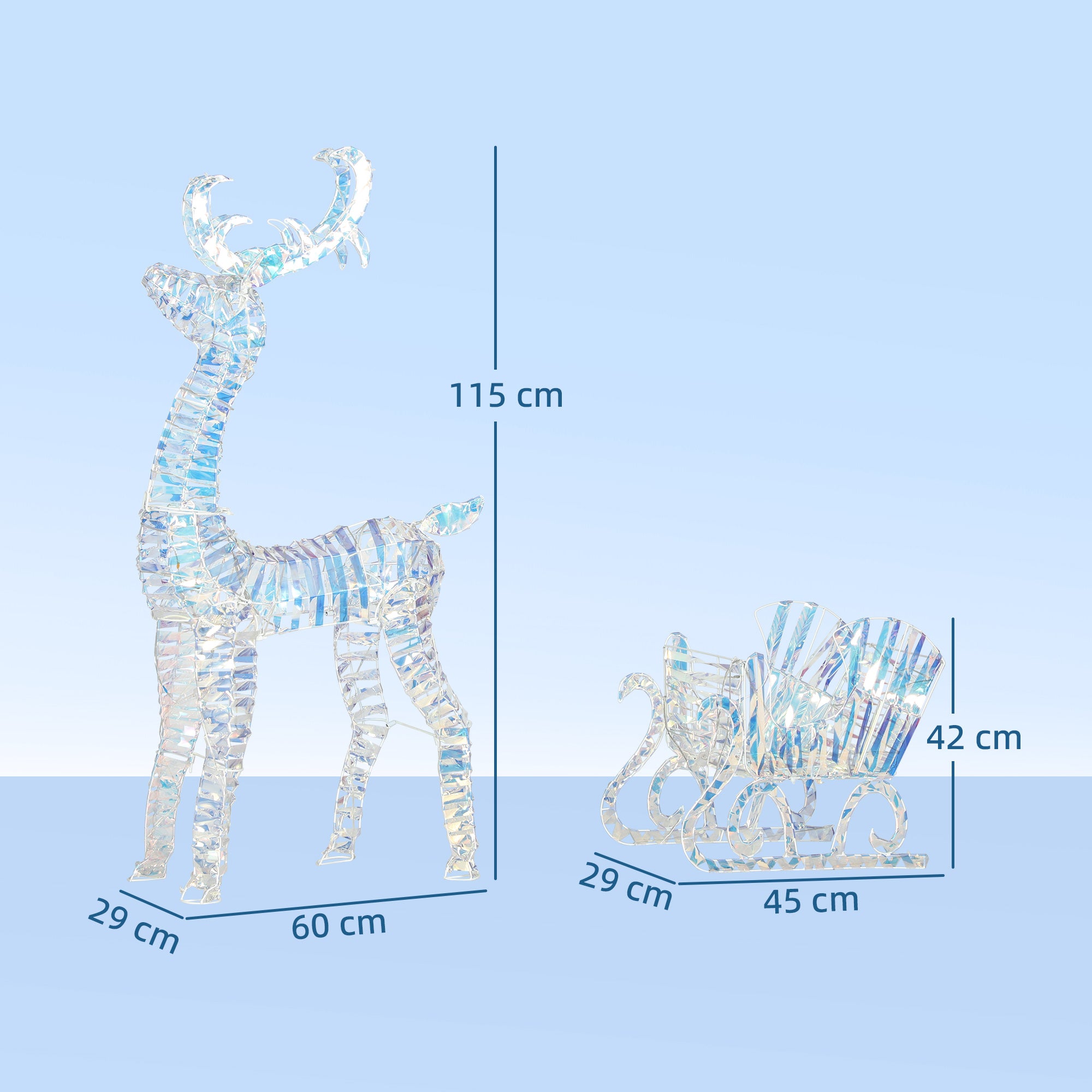 Lighted Christmas Reindeer with Sleigh, Outdoor Yard Reindeer with 170 Warm White LED Lights, Holiday Decor with Stakes, IP44 Waterproof, Silver
