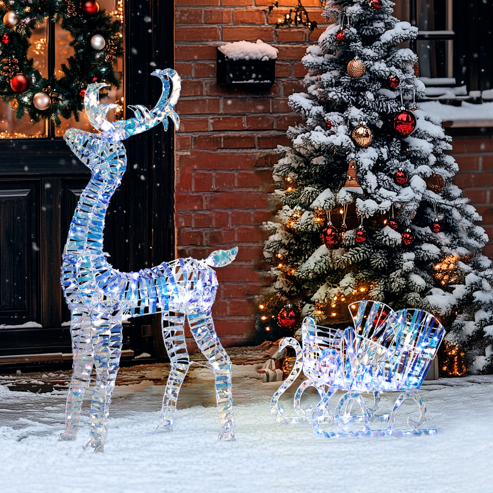 Lighted Christmas Reindeer with Sleigh, Outdoor Yard Reindeer with 170 Warm White LED Lights, Holiday Decor with Stakes, IP44 Waterproof, Silver