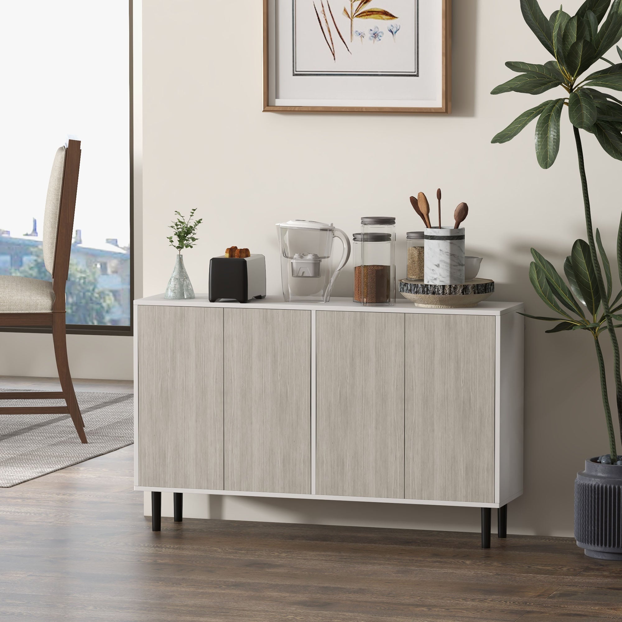 HOMCOM Modern Sideboard with 2 Cupboards, Kitchen Storage Cabinet for Living Room with Adjustable Shelves, 4 Doors and Solid Wood Legs, White