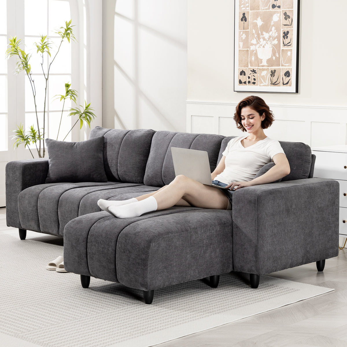 Modular Sectional Sofa with Changeable Chaise, Integrated Seat, 95" Large 3 Seater L-Shaped Sofa with Spring Cushion, 2 Pillows, Steel Frame for Living Room, Charcoal Grey
