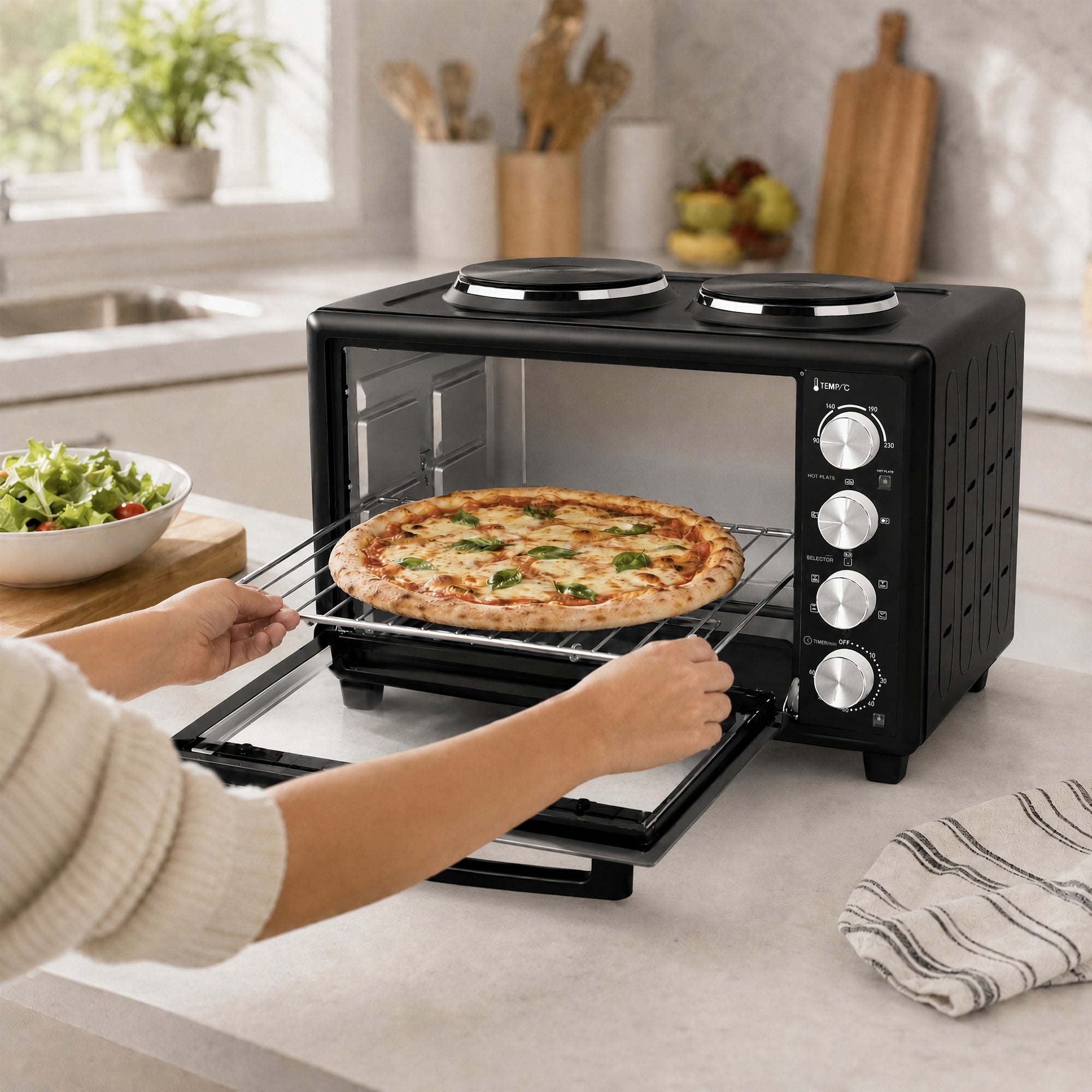 36L Mini Oven with Dual Hot Plates, Electric Countertop Cooker with Convection, 90–230°C Adjustable Temperature, 60 Minute Timer, Portable Oven with Wire Rack & Baking Tray, 1500W, Black