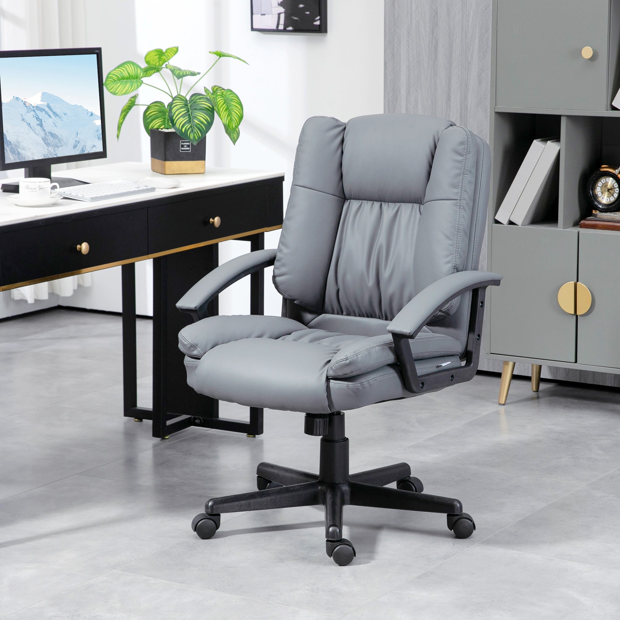 HOMCOM Office Chair, Faux Leather Computer Desk Chair, Mid Back Executive Chair with Adjustable Height and Swivel Rolling Wheels for Home Study, Light Grey
